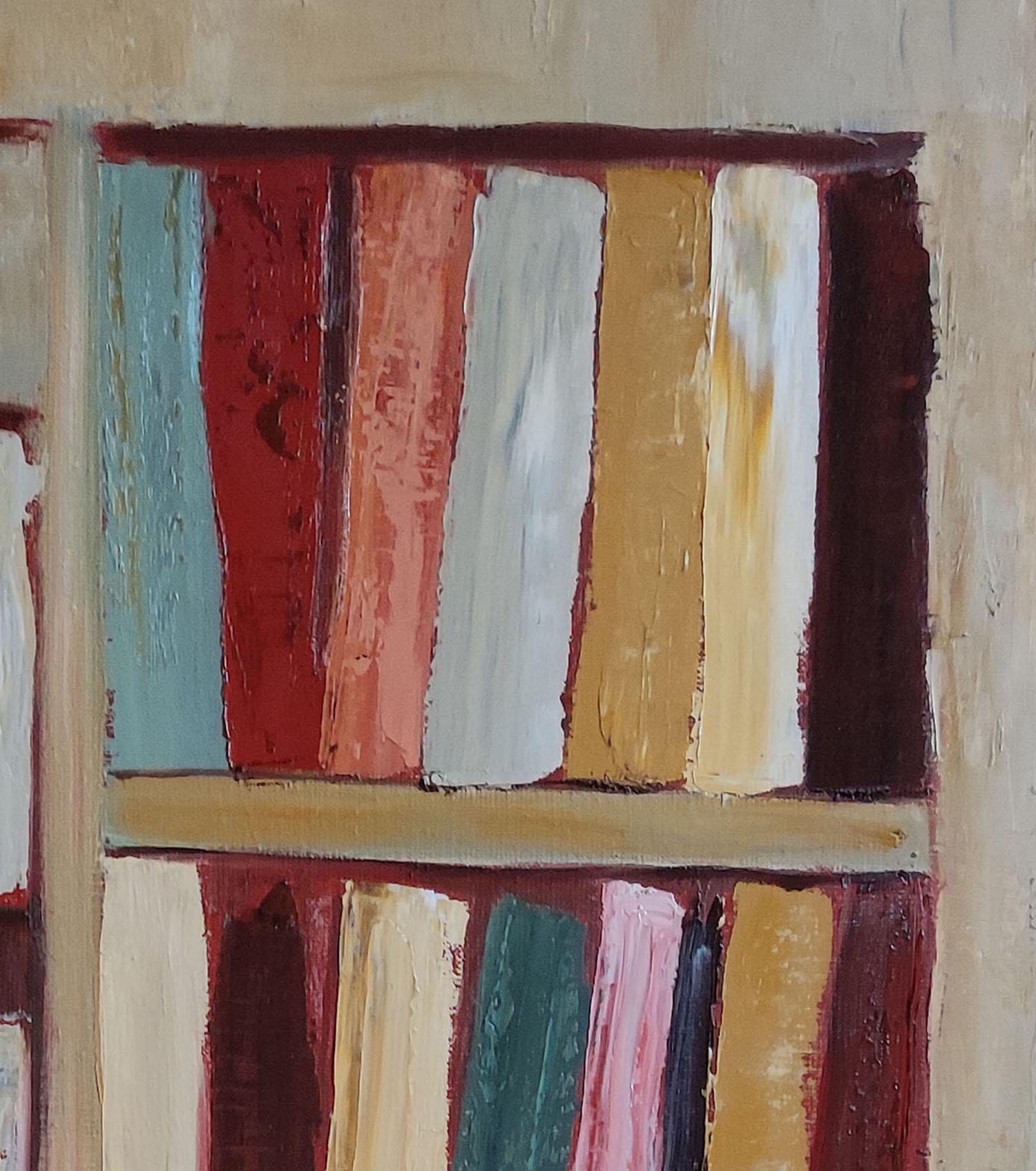 tales, abstract geometric still life, books, library, oil on canvas, modern - Painting by SOPHIE DUMONT