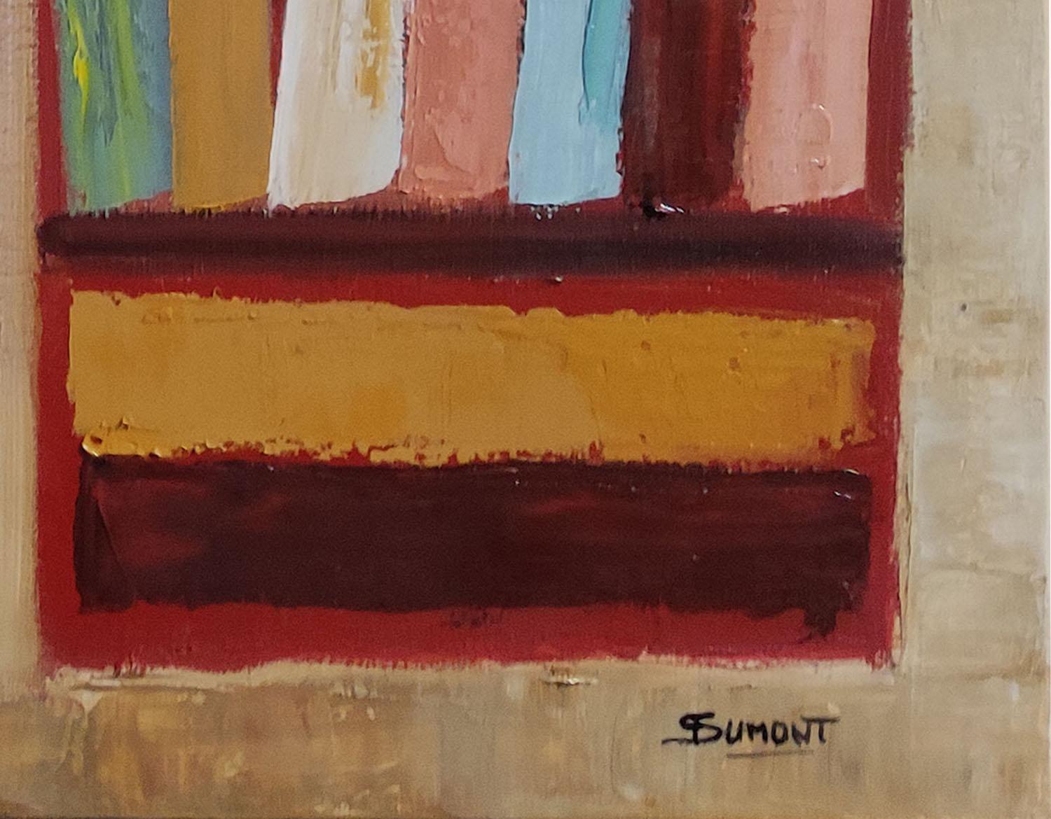 tales, abstract geometric still life, books, library, oil on canvas, modern - Abstract Painting by SOPHIE DUMONT