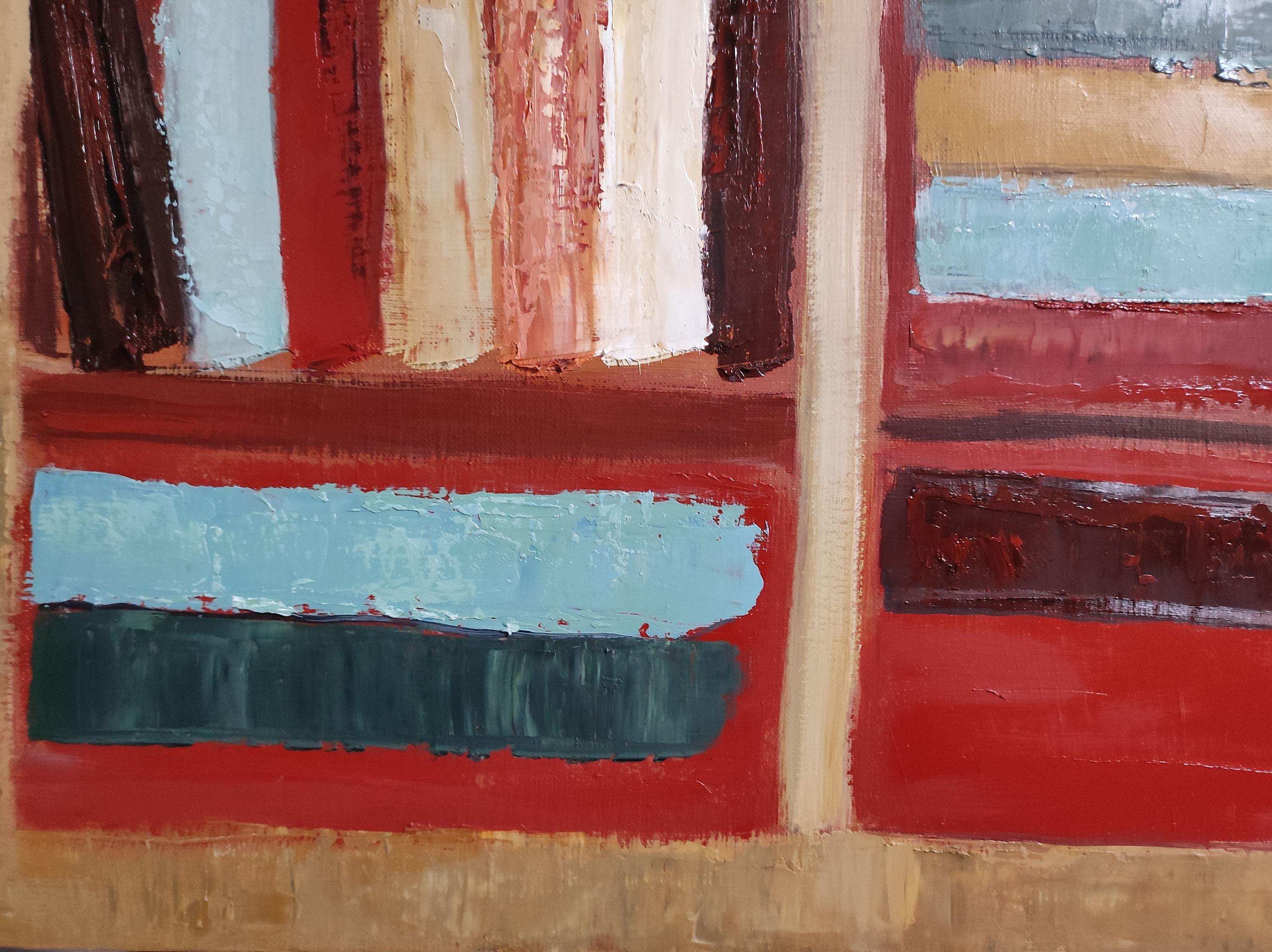 tales, abstract geometric still life, books, library, oil on canvas, modern For Sale 2