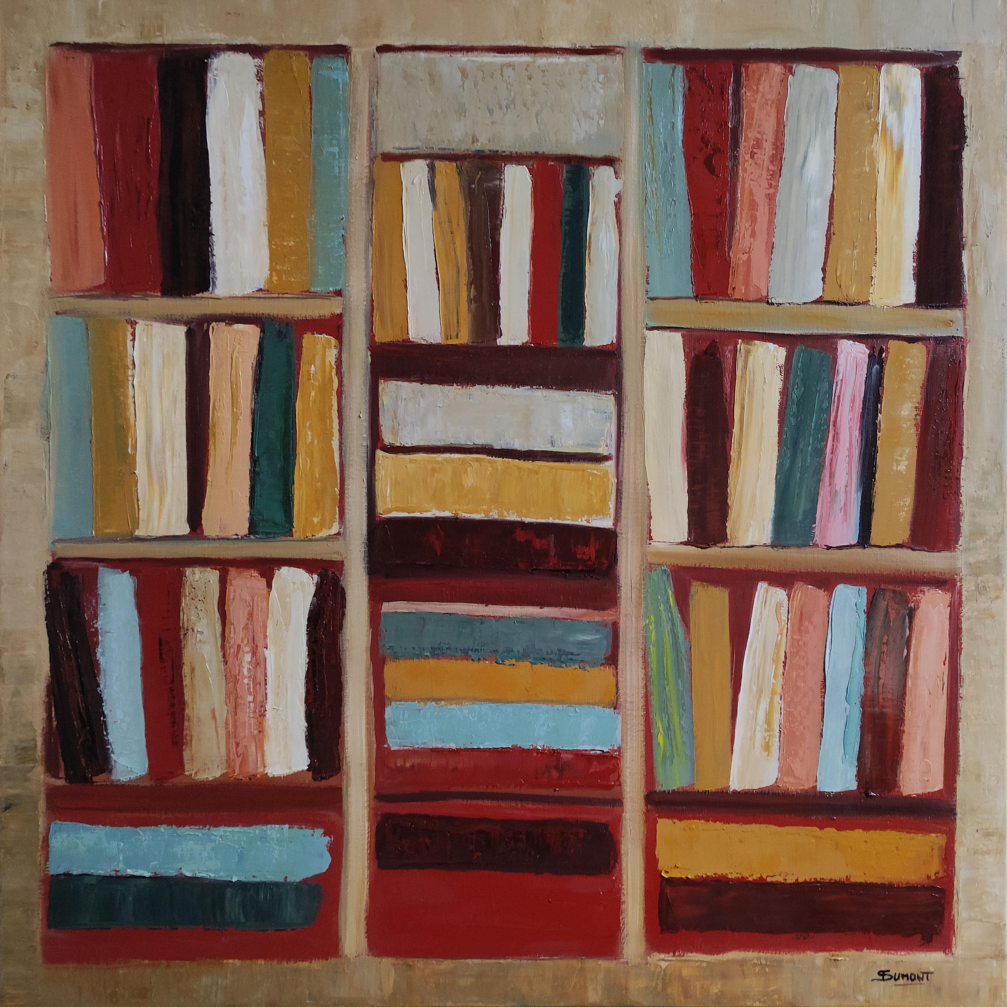 SOPHIE DUMONT Abstract Painting - tales, abstract geometric still life, books, library, oil on canvas, modern