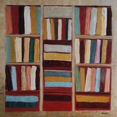 tales, abstract geometric still life, books, library, oil on canvas, modern