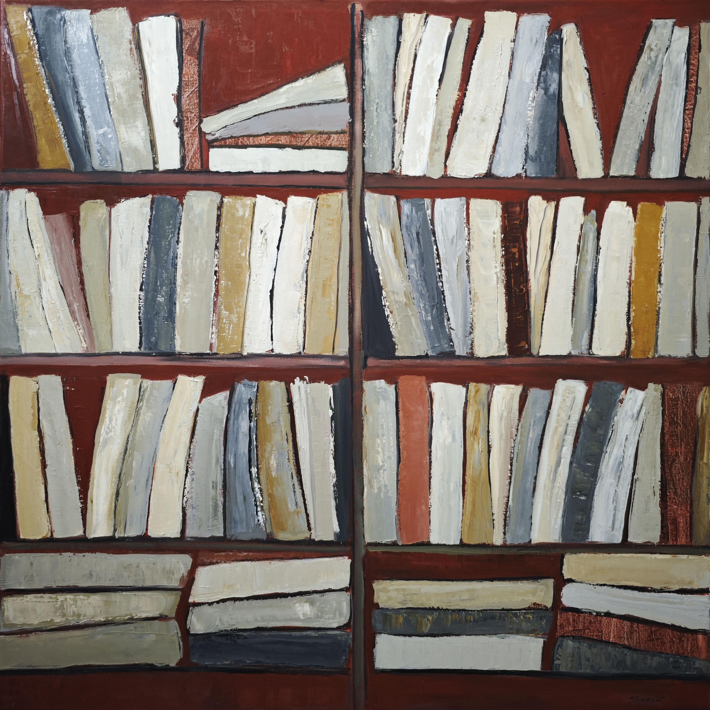 Tecke, abstract, minimalism, library series, oil on canvas, textured, books, red For Sale 5