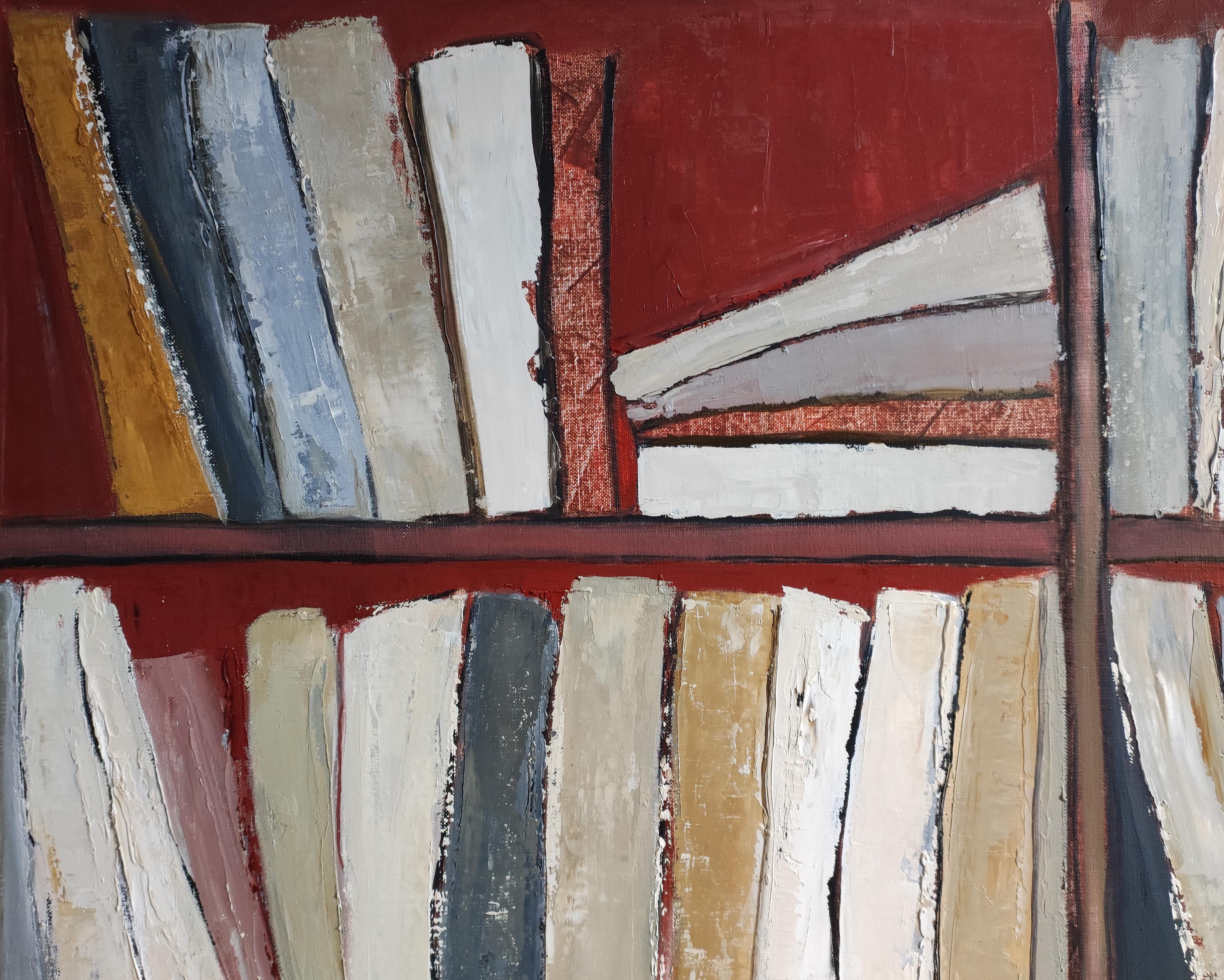 Tecke, abstract, minimalism, library series, oil on canvas, textured, books, red For Sale 6