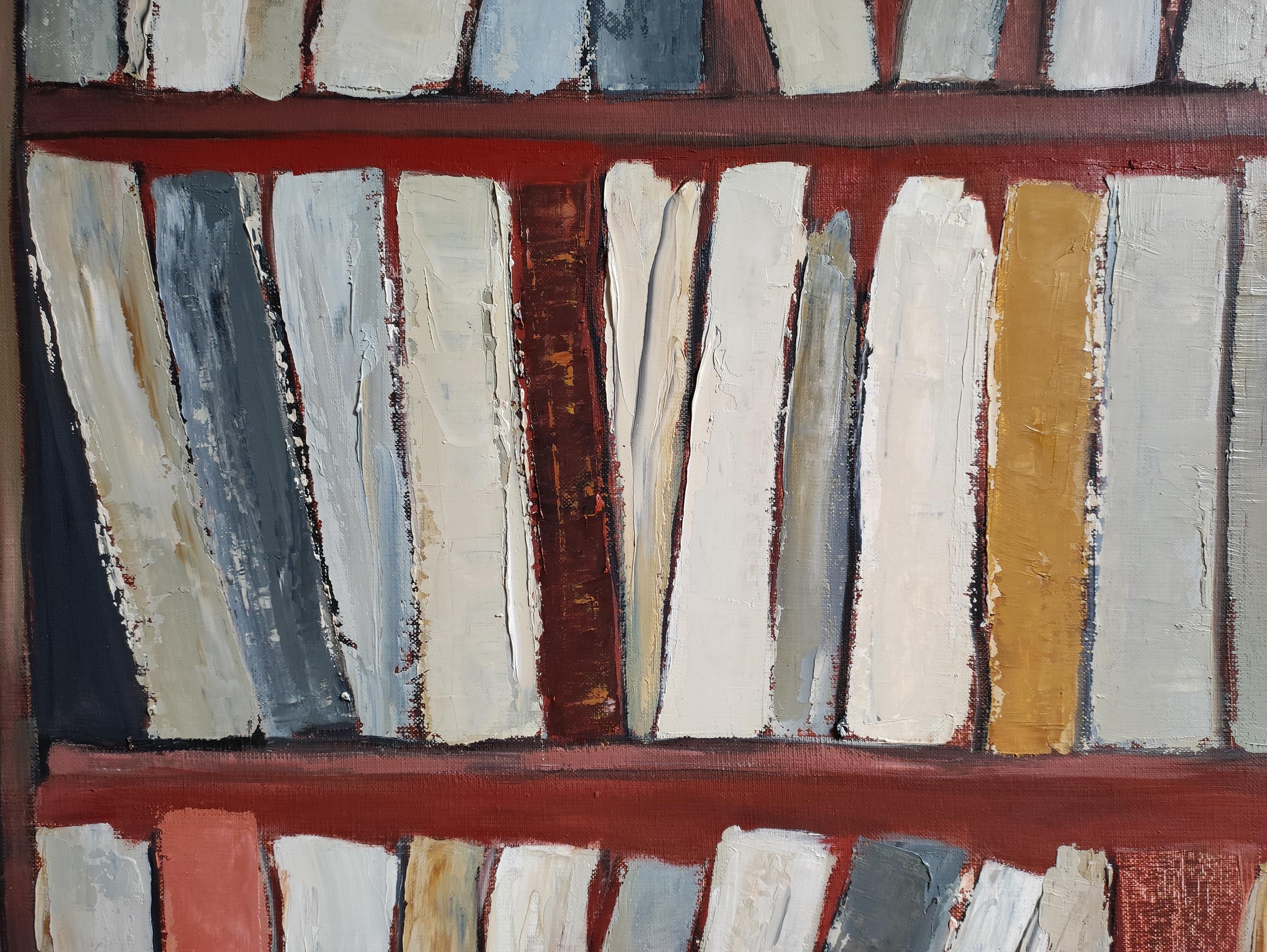 Tecke, abstract, minimalism, library series, oil on canvas, textured, books, red For Sale 7