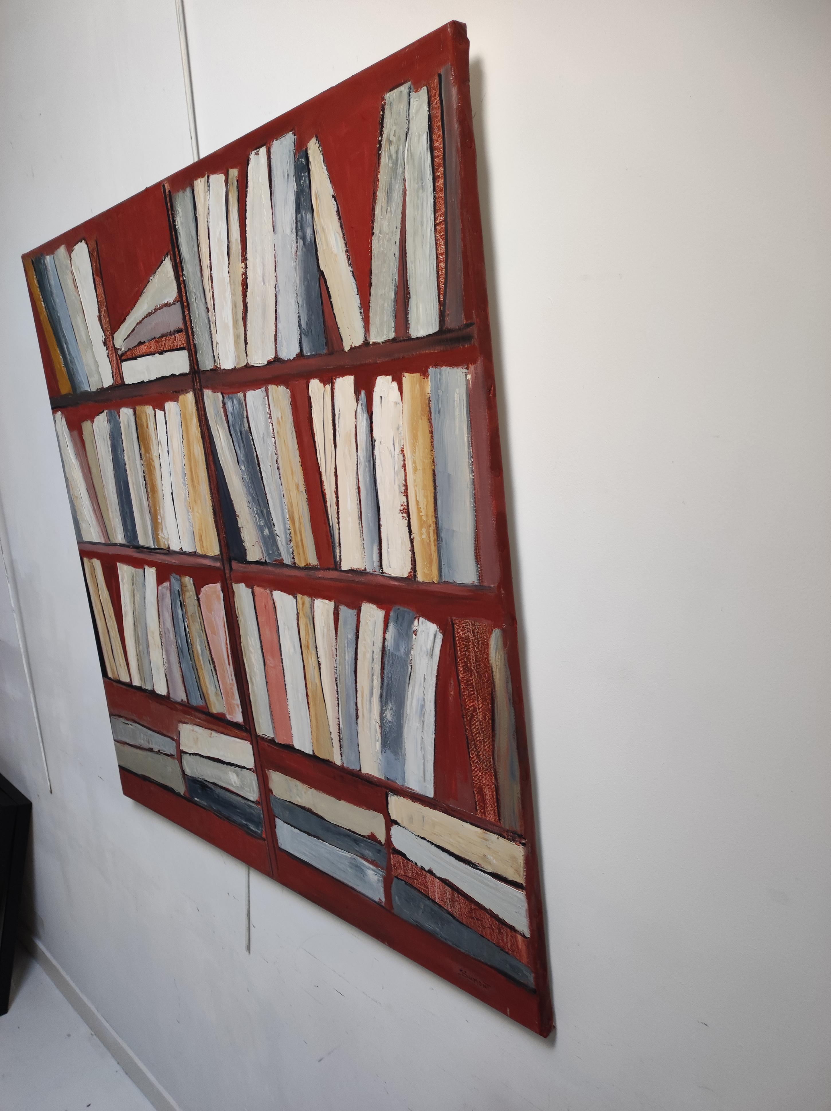 Tecke, abstrakt, Minimalismus, Bibliotheksserie, Öl auf Leinwand, strukturiert, Bücher, rot im Angebot 10