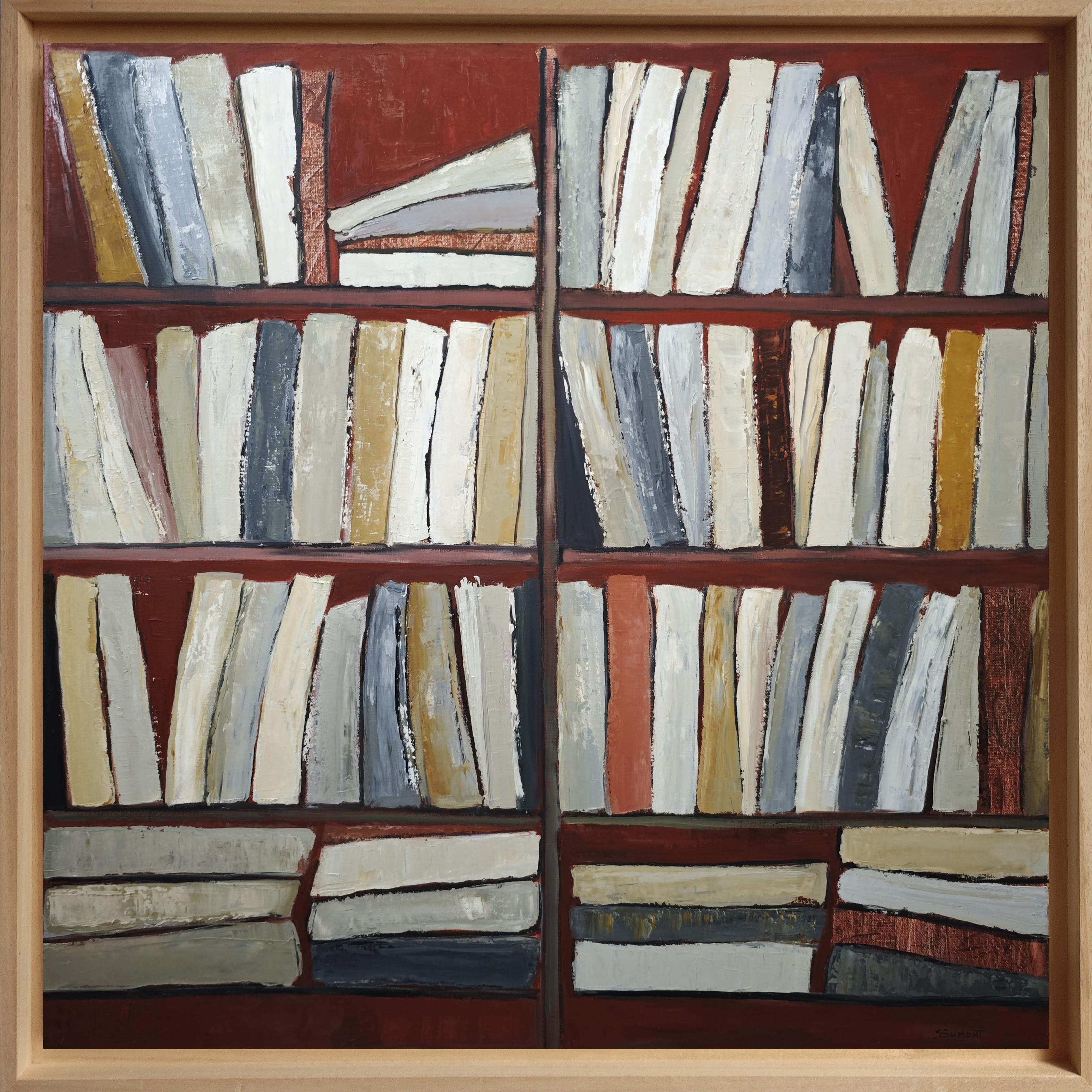 SOPHIE DUMONT Abstract Painting - Tecke, abstract, minimalism, library series, oil on canvas, textured, books, red