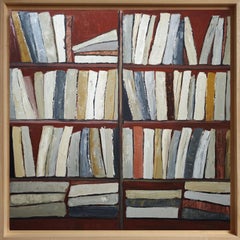Tecke, astratto, minimalismo, serie di biblioteche, olio su tela, texture, libri, rosso