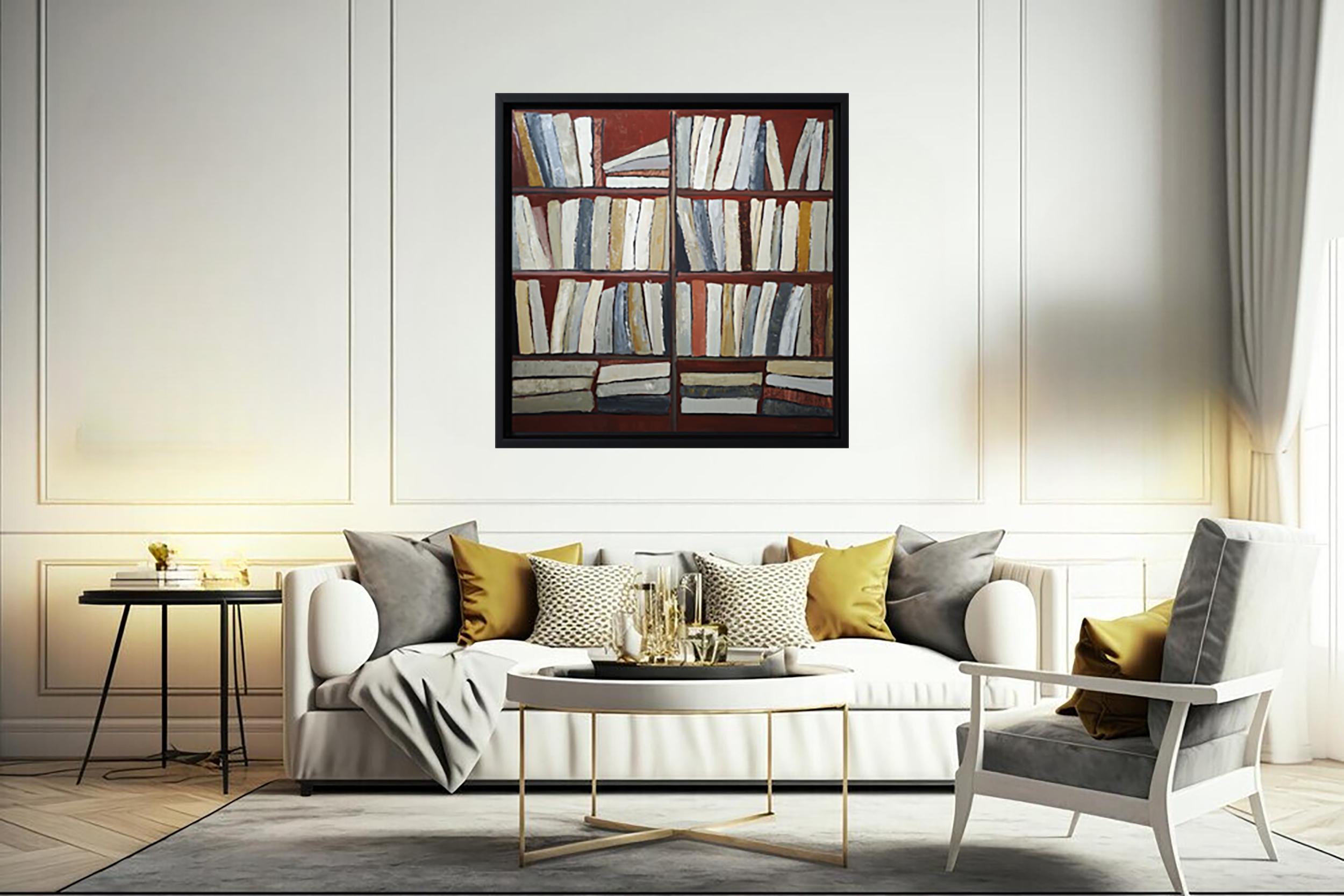 Tecke, abstract, minimalism, library series, oil on canvas, textured, books, red - Abstract Geometric Painting by SOPHIE DUMONT