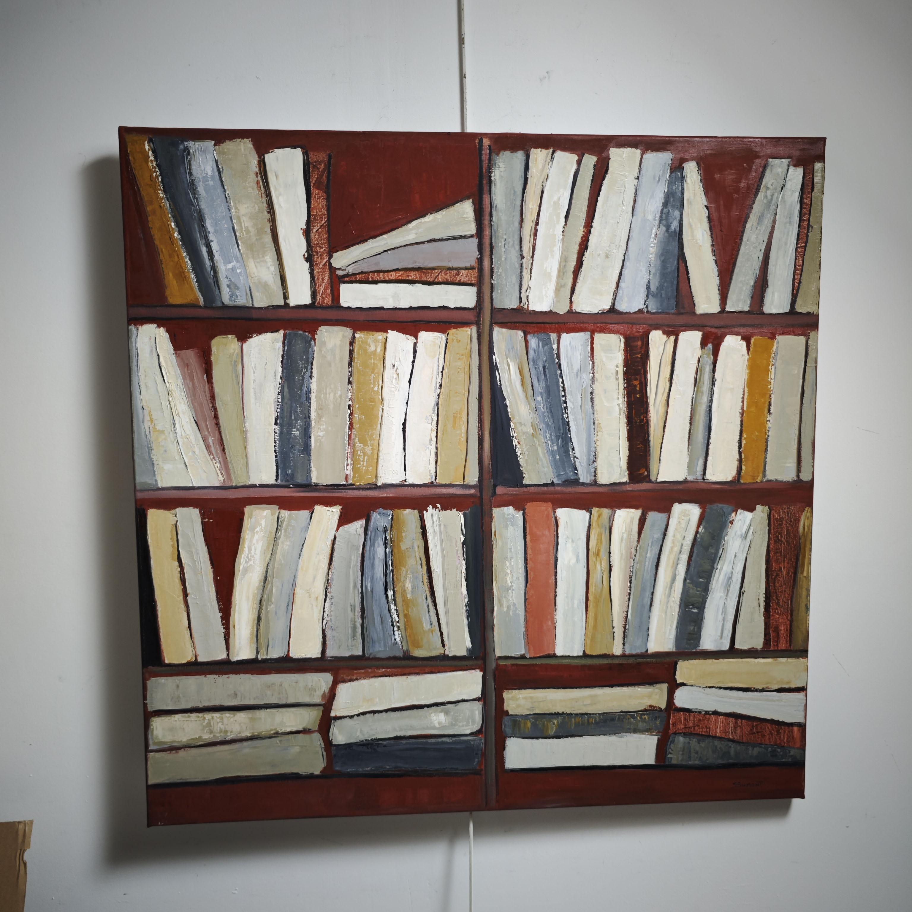 Tecke, abstract, minimalism, library series, oil on canvas, textured, books, red - Black Abstract Painting by SOPHIE DUMONT