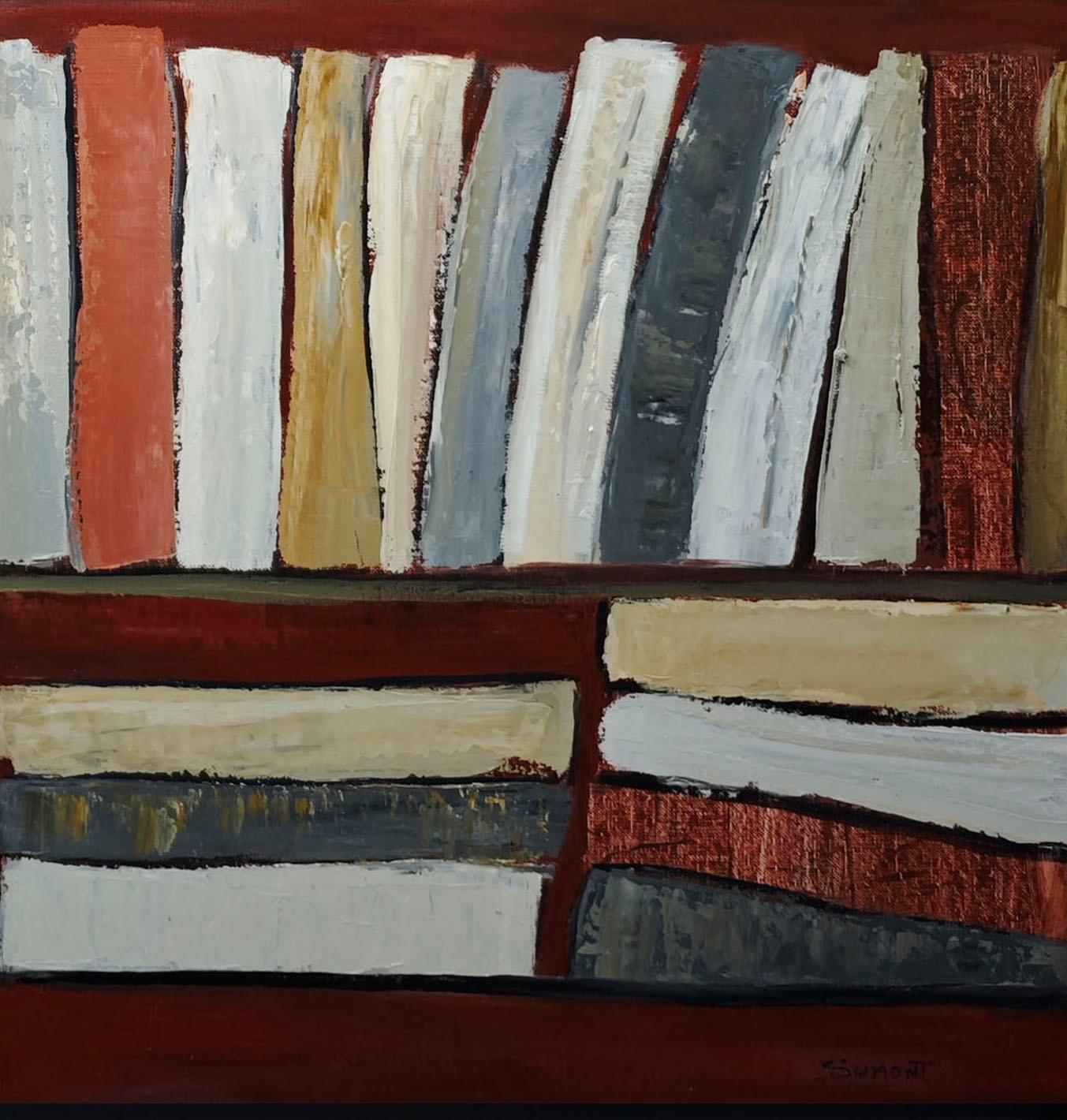 abstraction of books in a library in red ocher tones
the book appears more as the evocation of a culture than as an everyday object.
The affinities of literature and the plastic arts are manifested here, combining lines, colors and imaginary texts.