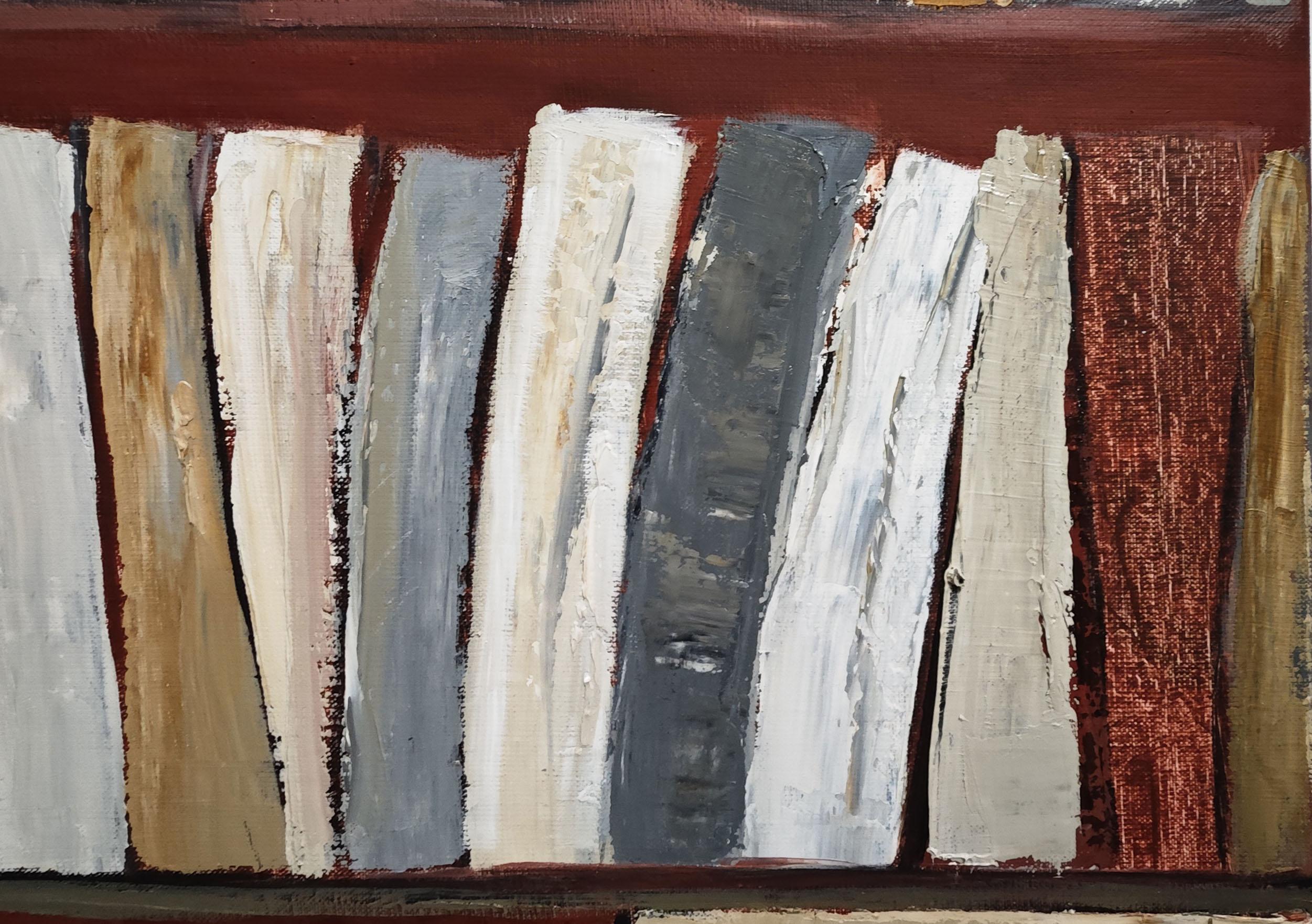 Tecke, abstract, minimalism, library series, oil on canvas, textured, books, red For Sale 1