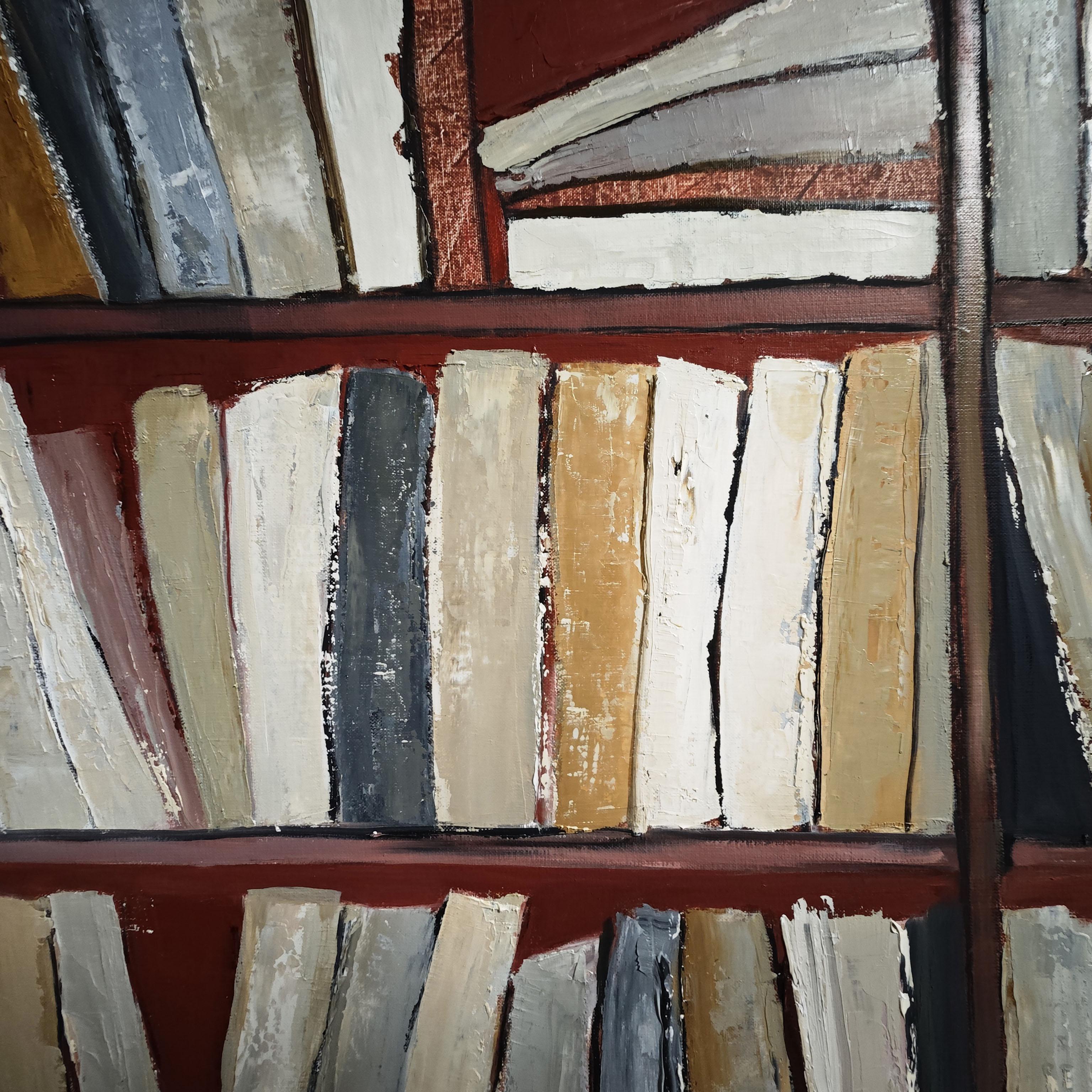 Tecke, abstract, minimalism, library series, oil on canvas, textured, books, red For Sale 2