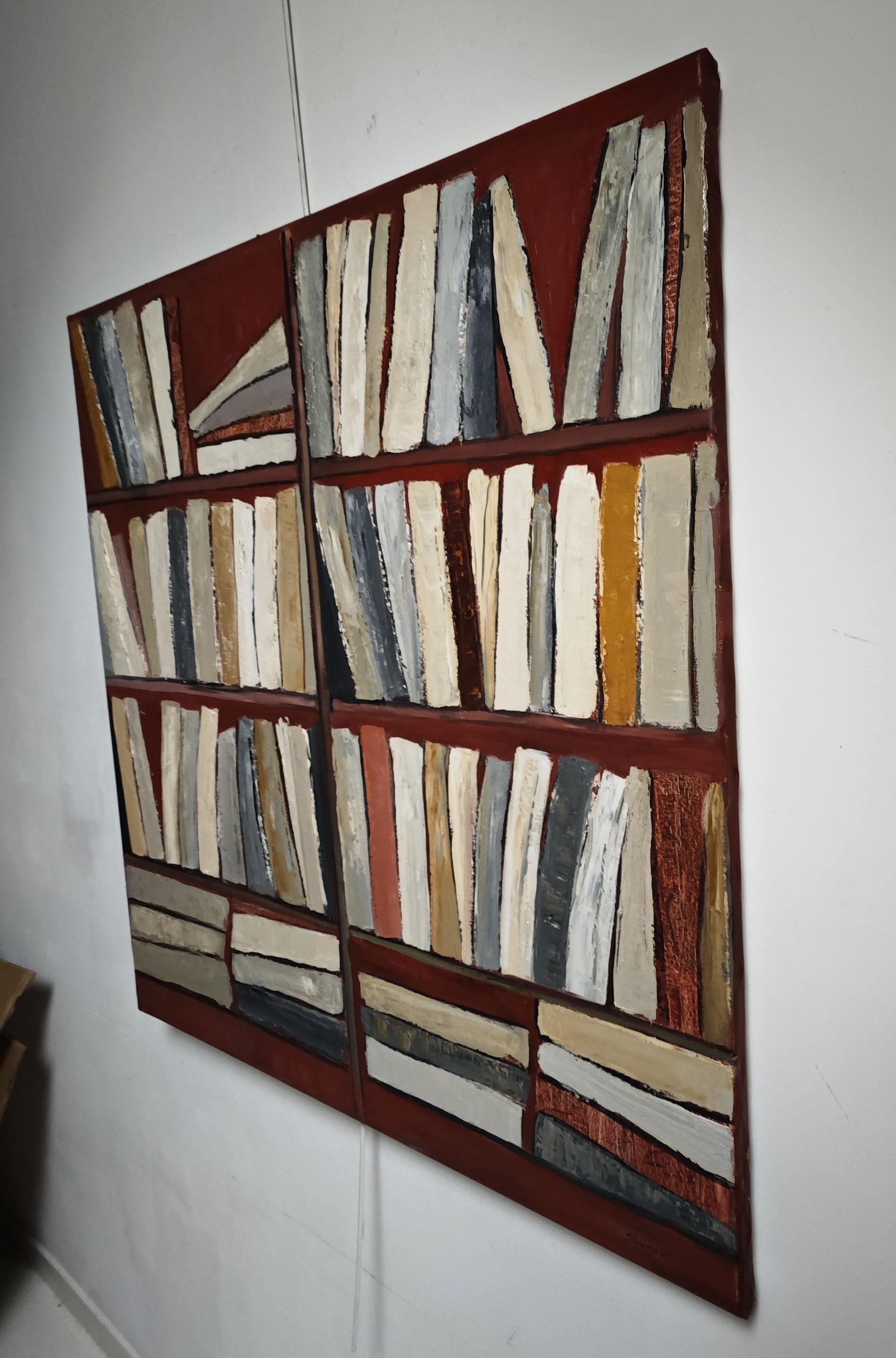 Tecke, abstract, minimalism, library series, oil on canvas, textured, books, red For Sale 3