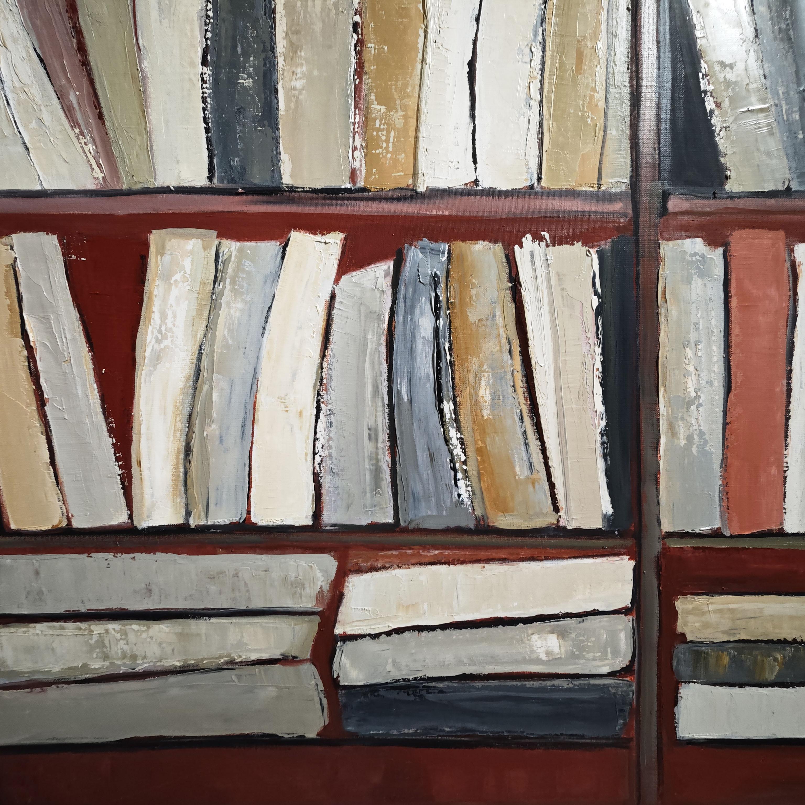 Tecke, abstract, minimalism, library series, oil on canvas, textured, books, red For Sale 4