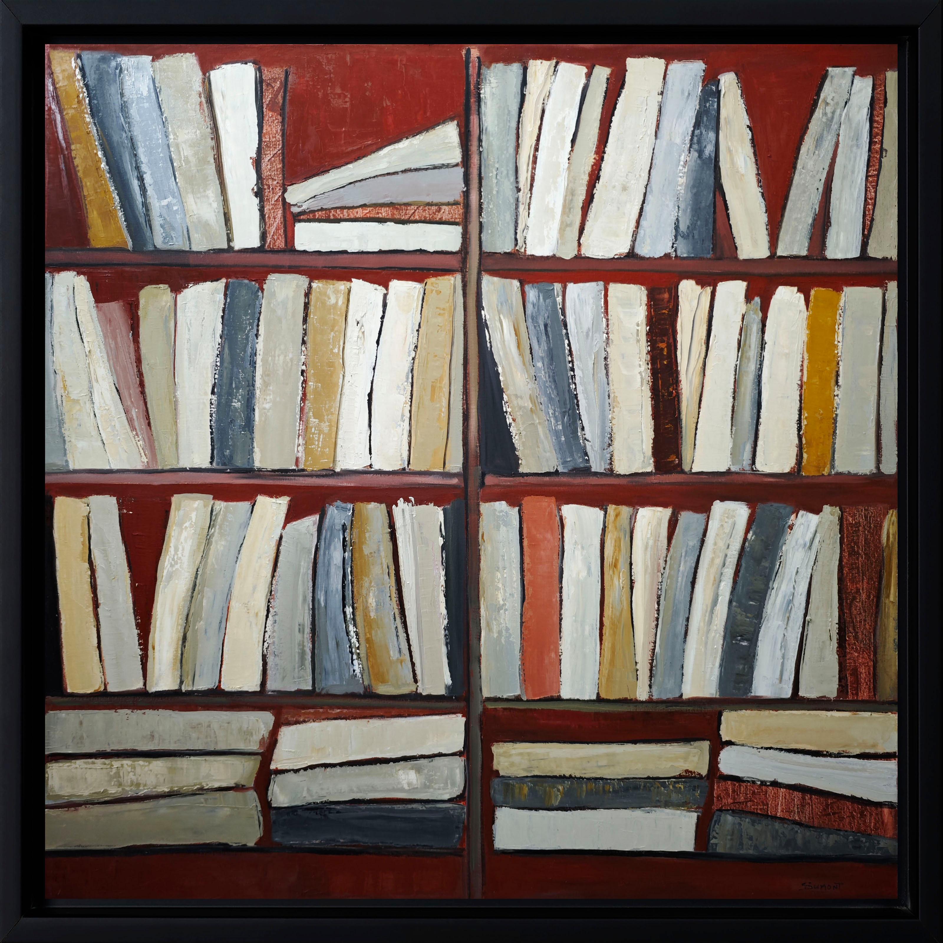 Tecke, abstract, minimalism, library series, oil on canvas, textured, books, red - Painting by SOPHIE DUMONT