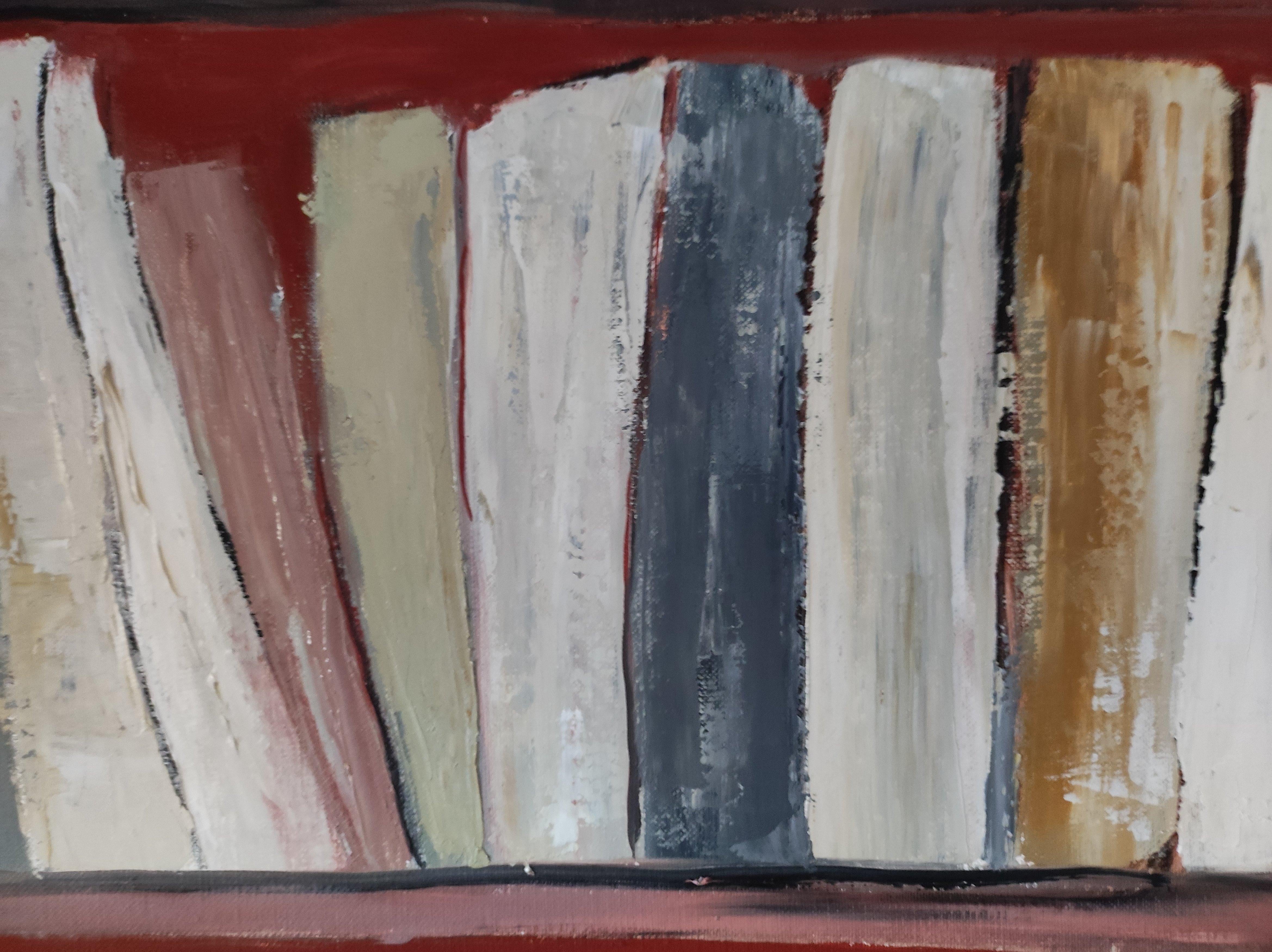 Tecke, abstrakt, Minimalismus, Bibliotheksserie, Öl auf Leinwand, strukturiert, Bücher, rot im Angebot 5