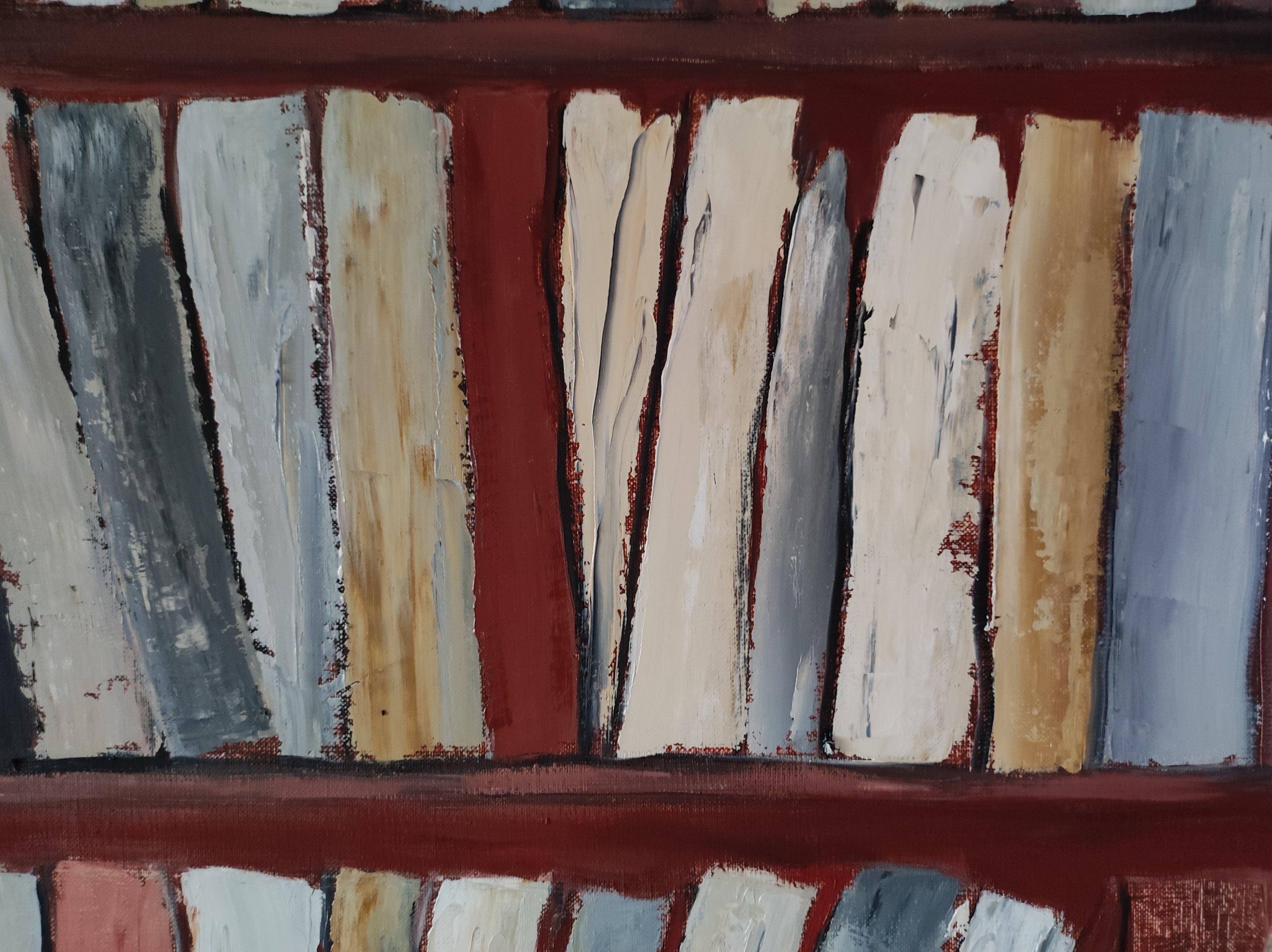 Tecke, abstract, minimalism, library series, oil on canvas, textured, books, red For Sale 6