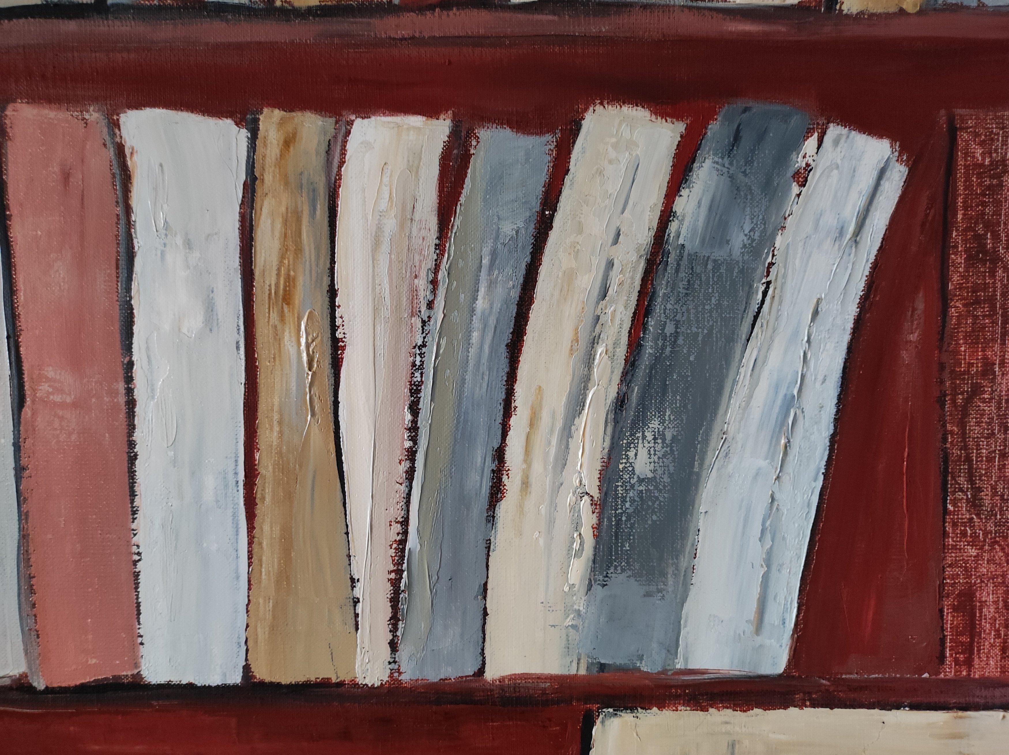Tecke, abstract, minimalism, library series, oil on canvas, textured, books, red For Sale 7