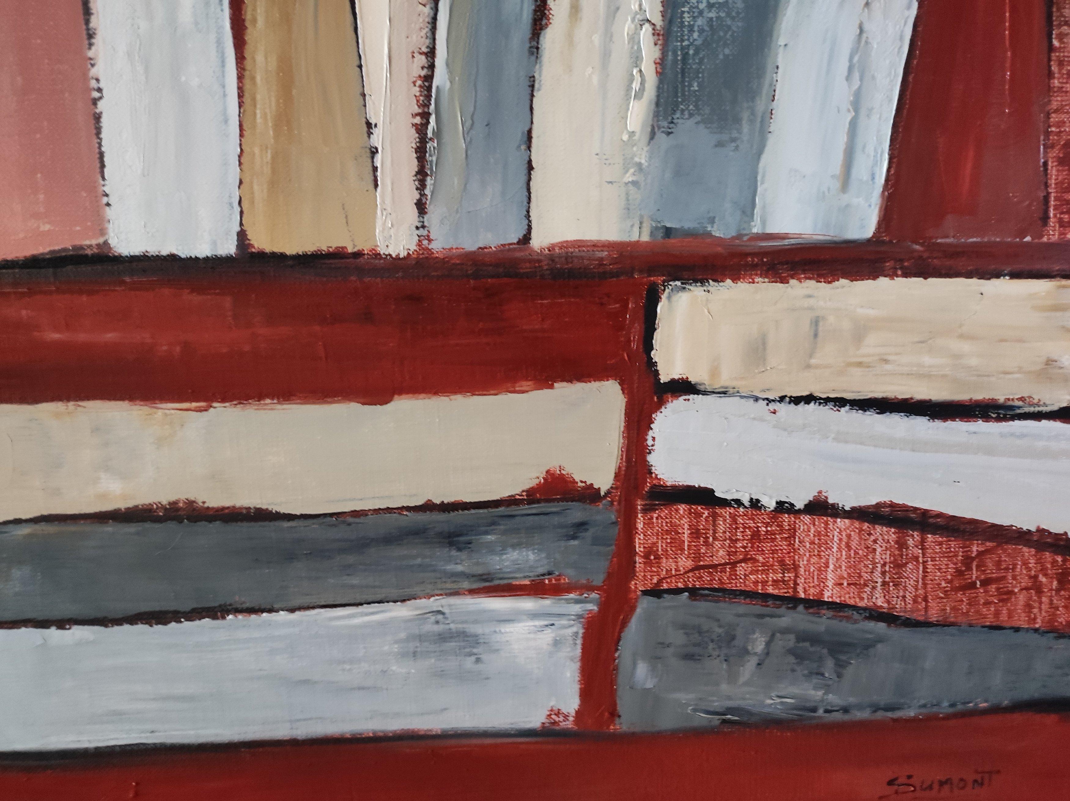 Tecke, abstract, minimalism, library series, oil on canvas, textured, books, red For Sale 8