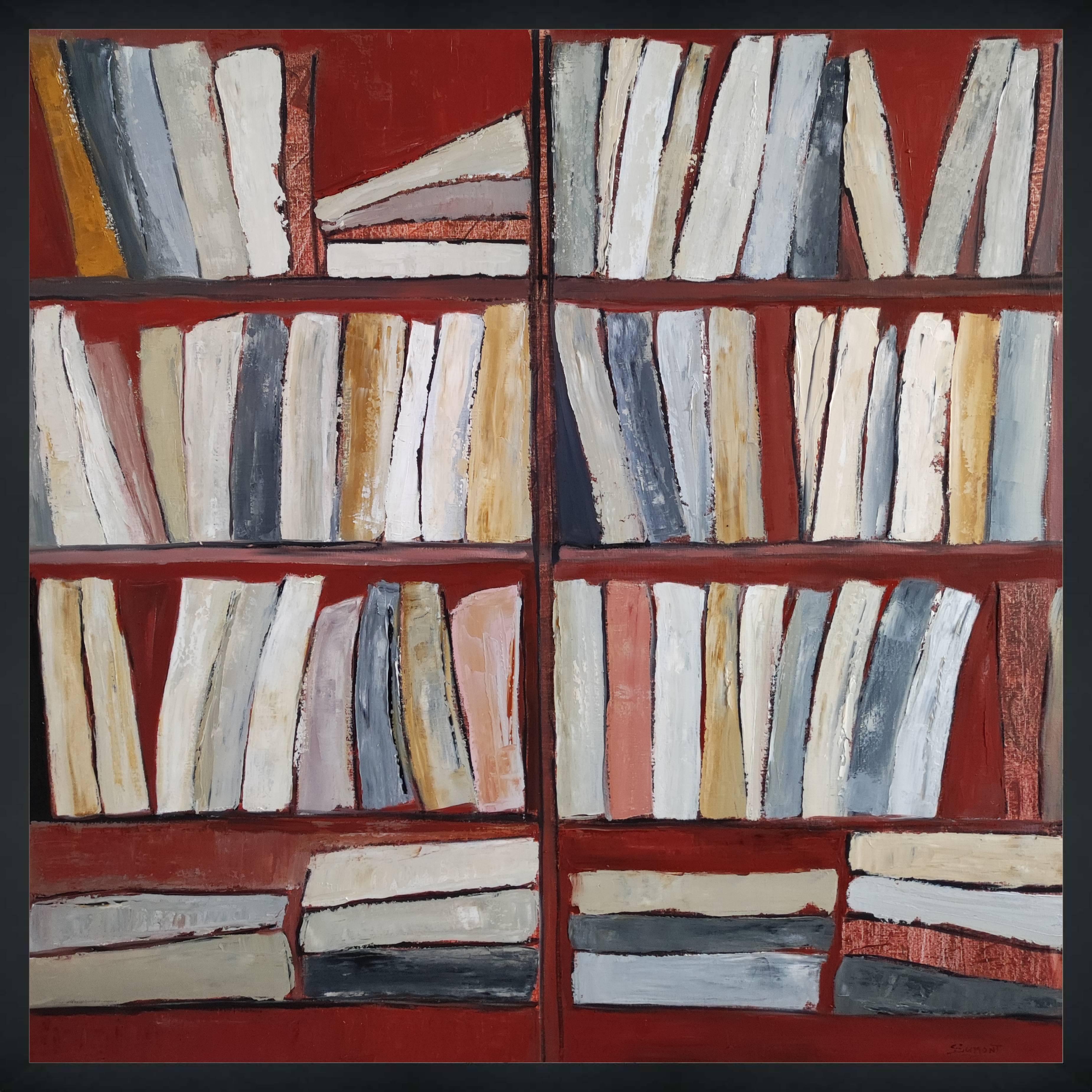 Tecke, abstrakt, Minimalismus, Bibliotheksserie, Öl auf Leinwand, strukturiert, Bücher, rot (Geometrische Abstraktion), Painting, von SOPHIE DUMONT