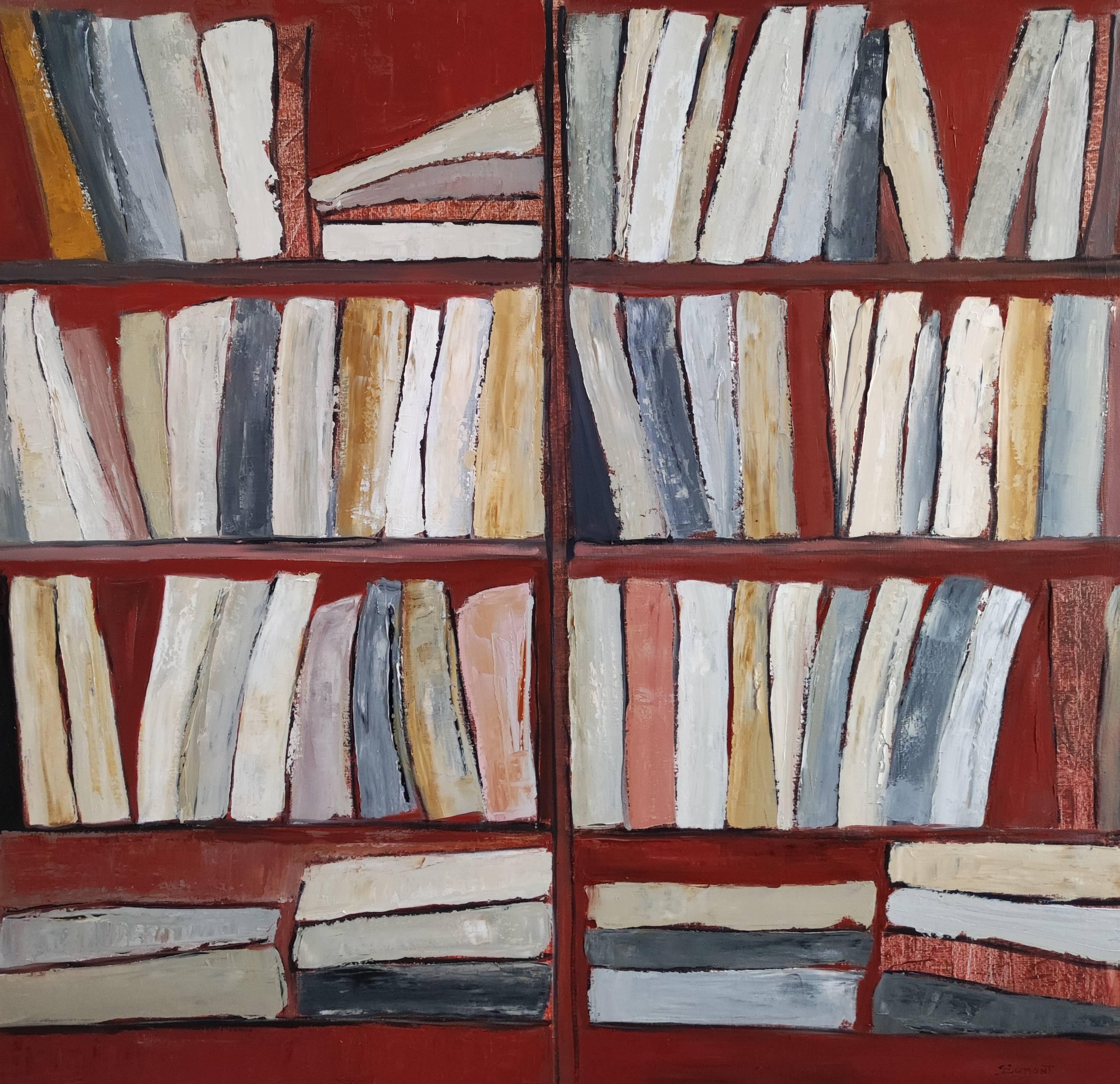 Tecke, abstract, minimalism, library series, oil on canvas, textured, books, red - Abstract Geometric Painting by SOPHIE DUMONT