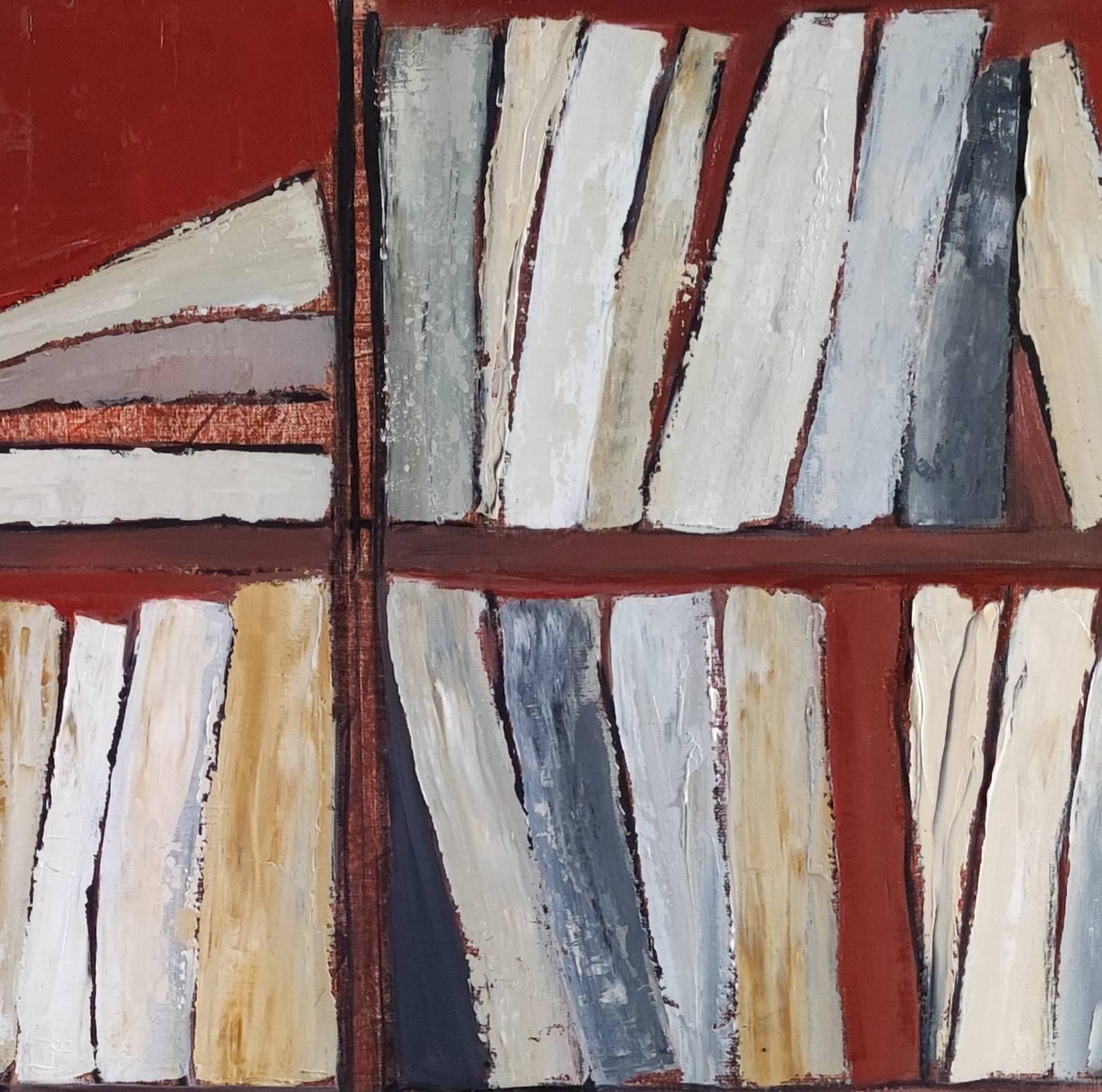 Tecke, abstract, minimalism, library series, oil on canvas, textured, books, red For Sale 1