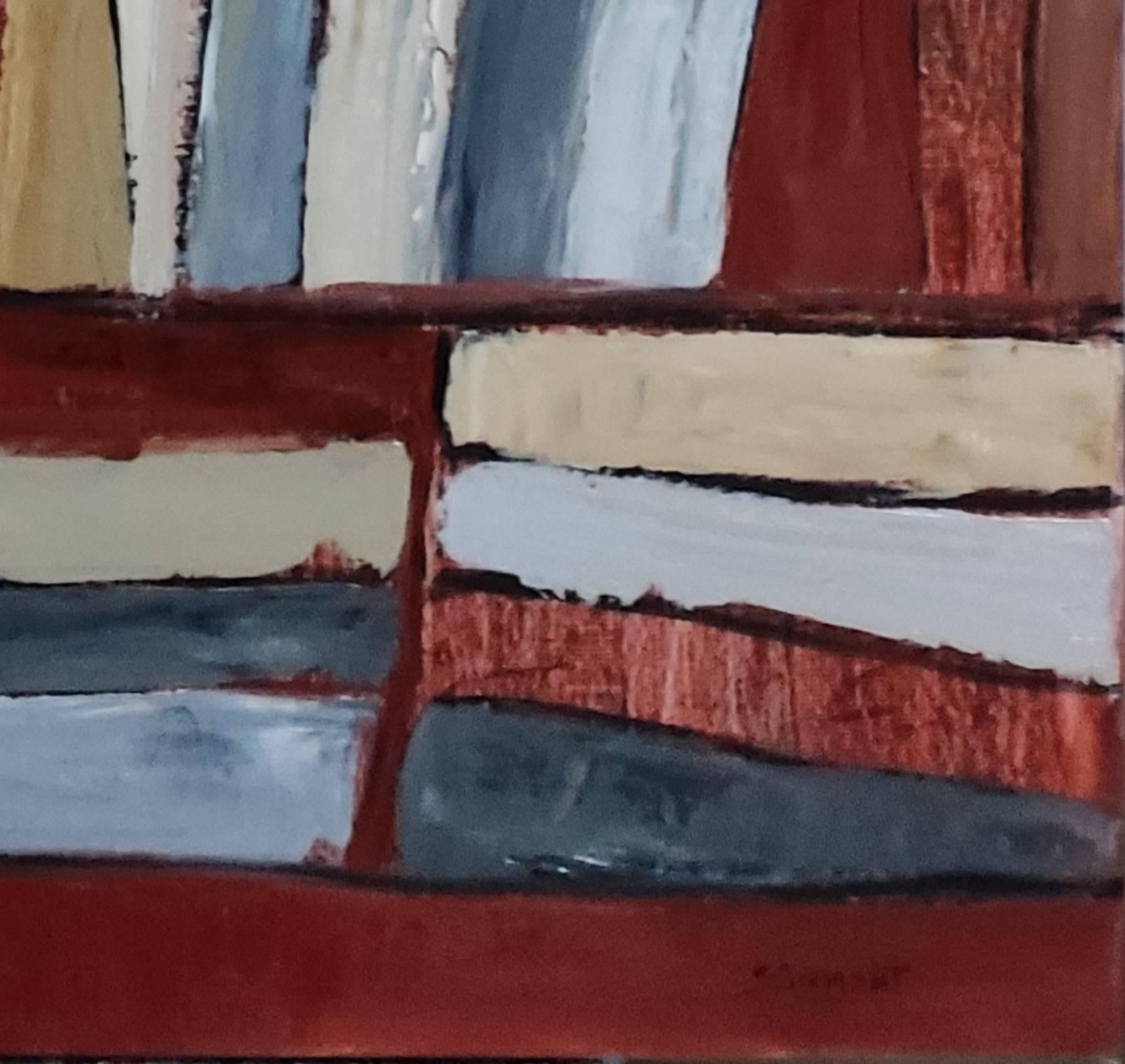 Tecke, abstract, minimalism, library series, oil on canvas, textured, books, red For Sale 2