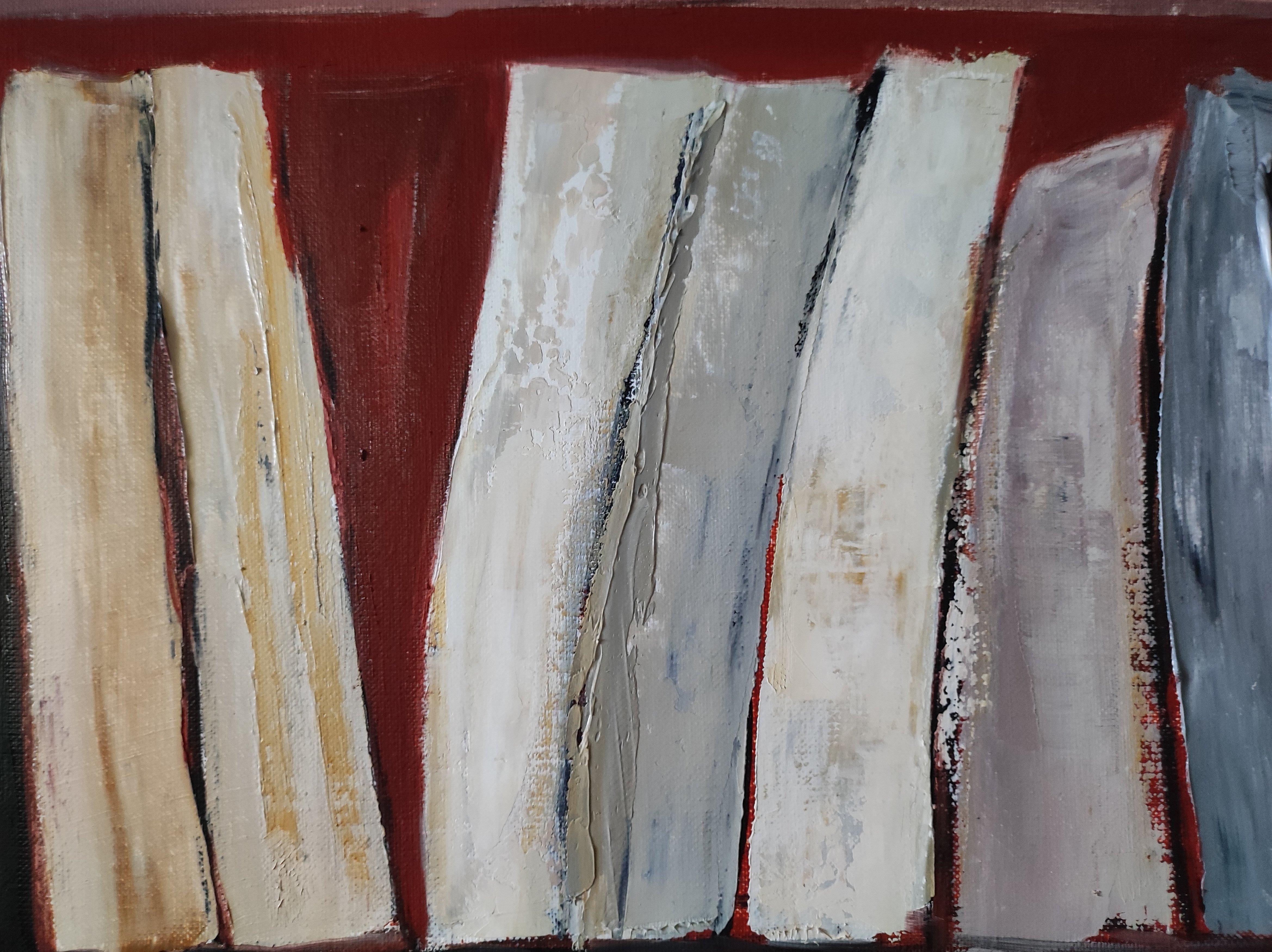 Tecke, abstract, minimalism, library series, oil on canvas, textured, books, red For Sale 4