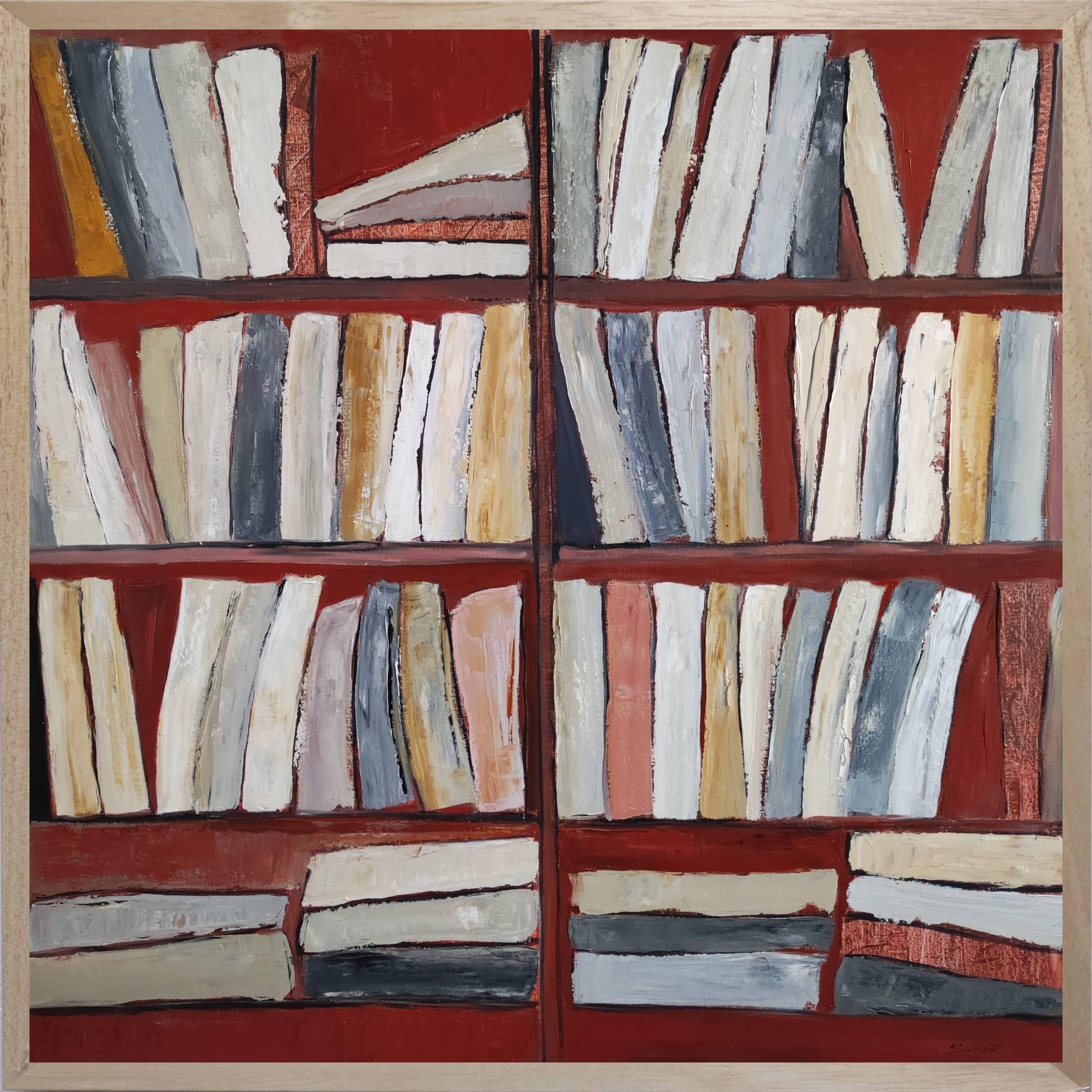 SOPHIE DUMONT Interior Painting – Tecke, abstrakt, Minimalismus, Bibliotheksserie, Öl auf Leinwand, strukturiert, Bücher, rot