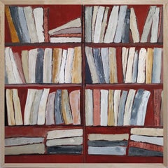 Tecke, abstrait, minimalisme, série de bibliothèques, huile sur toile, texturée, livres, rouge