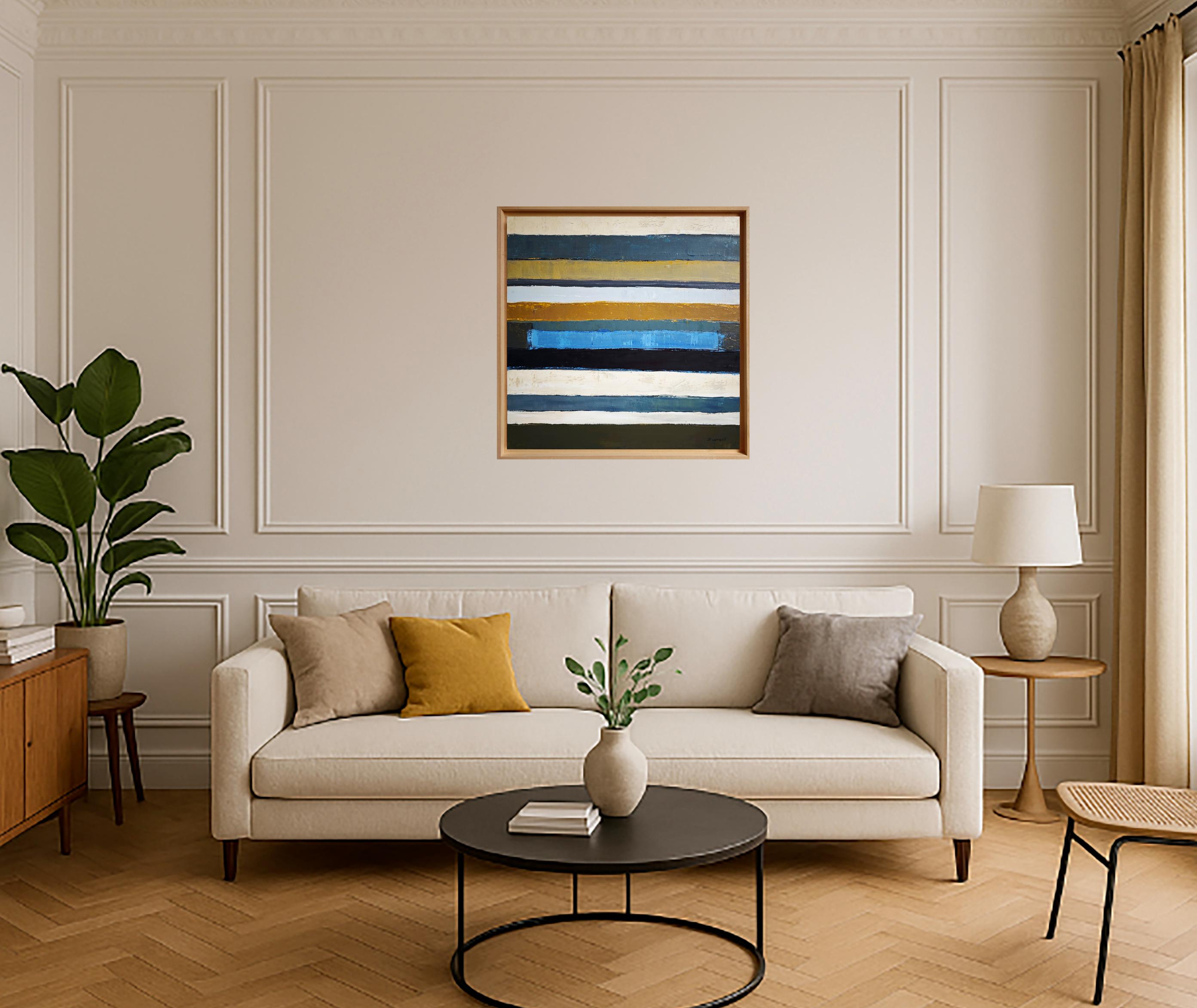 Temps Minéral (“Mineral Time”) evokes the layered rhythm of memory through a series of horizontal strata, painted with tactile presence. In this abstract and meditative composition, Sophie Dumont treats color as sediment — each band becoming a quiet