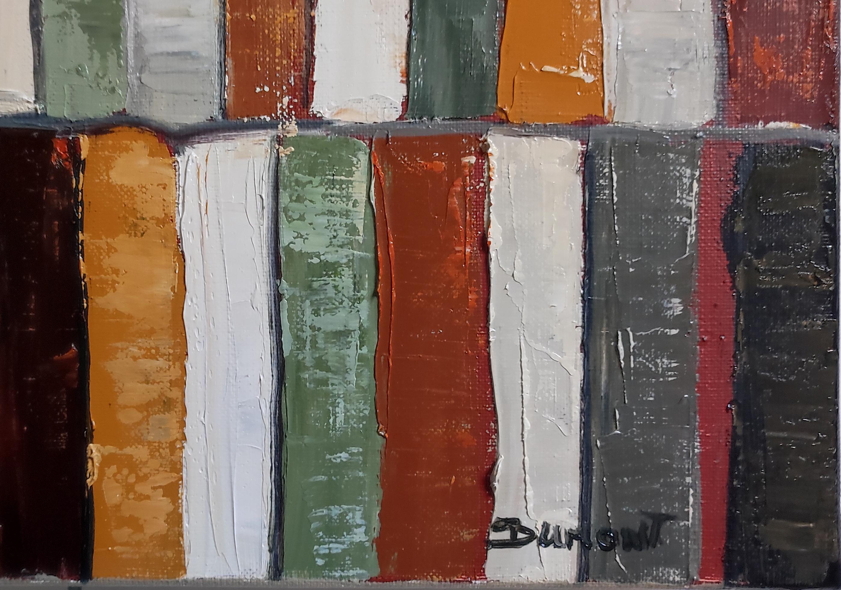 Tendance lecture, Biblioteca astratta, Geometrico, Contemporaneo, Olio, Libri, verde - Still-Life Painting Nero di SOPHIE DUMONT