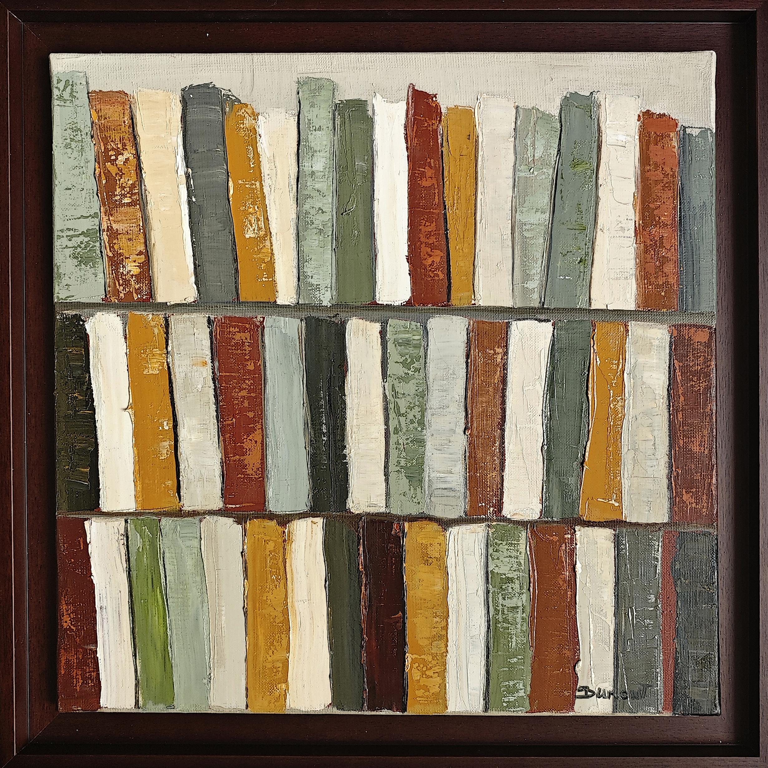 Still-Life Painting di SOPHIE DUMONT - Tendance lecture, Biblioteca astratta, Geometrico, Contemporaneo, Olio, Libri, verde