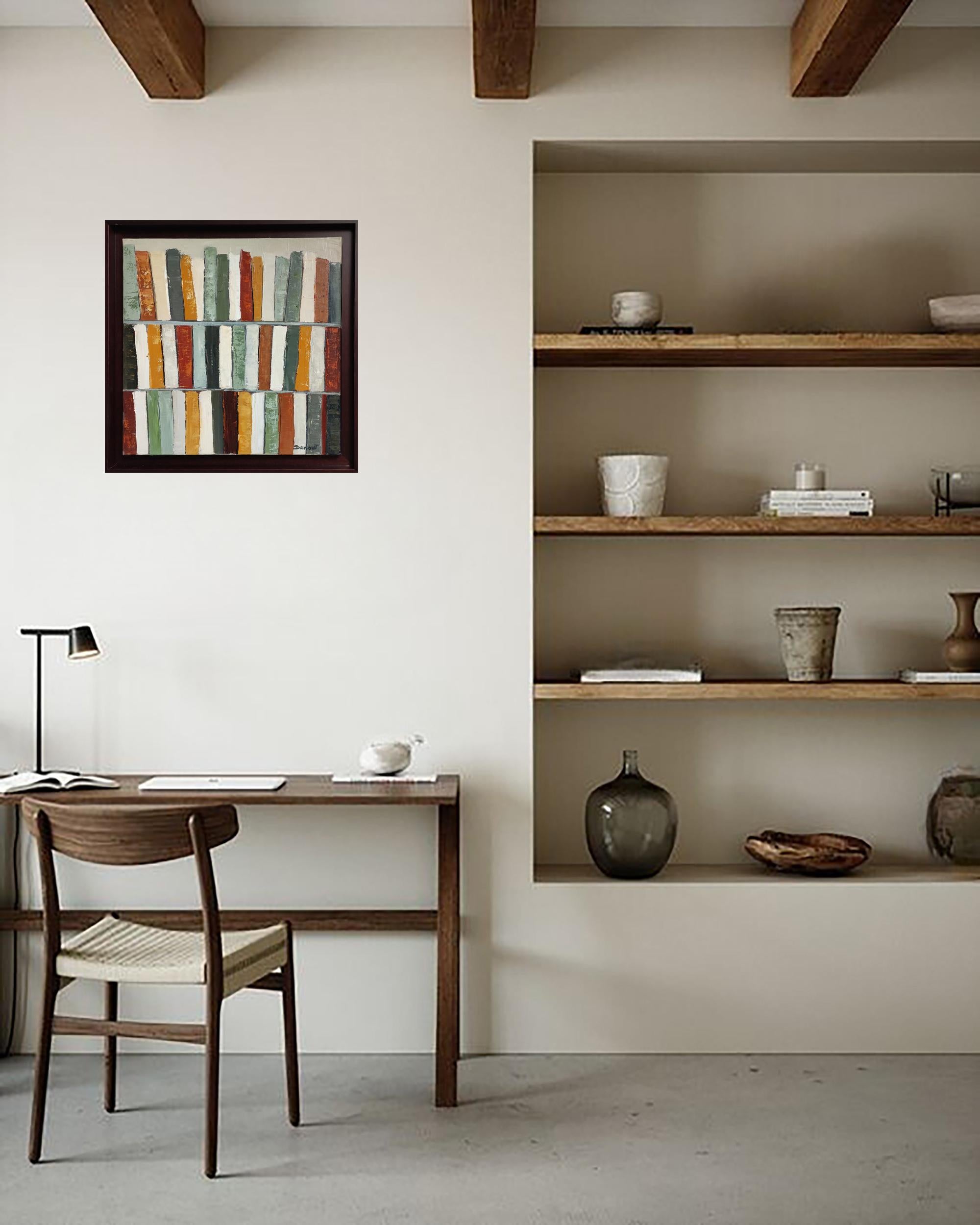 Tendance lecture, Abstract Library, Geometric, Contemporary, Oil, Books, green For Sale 7