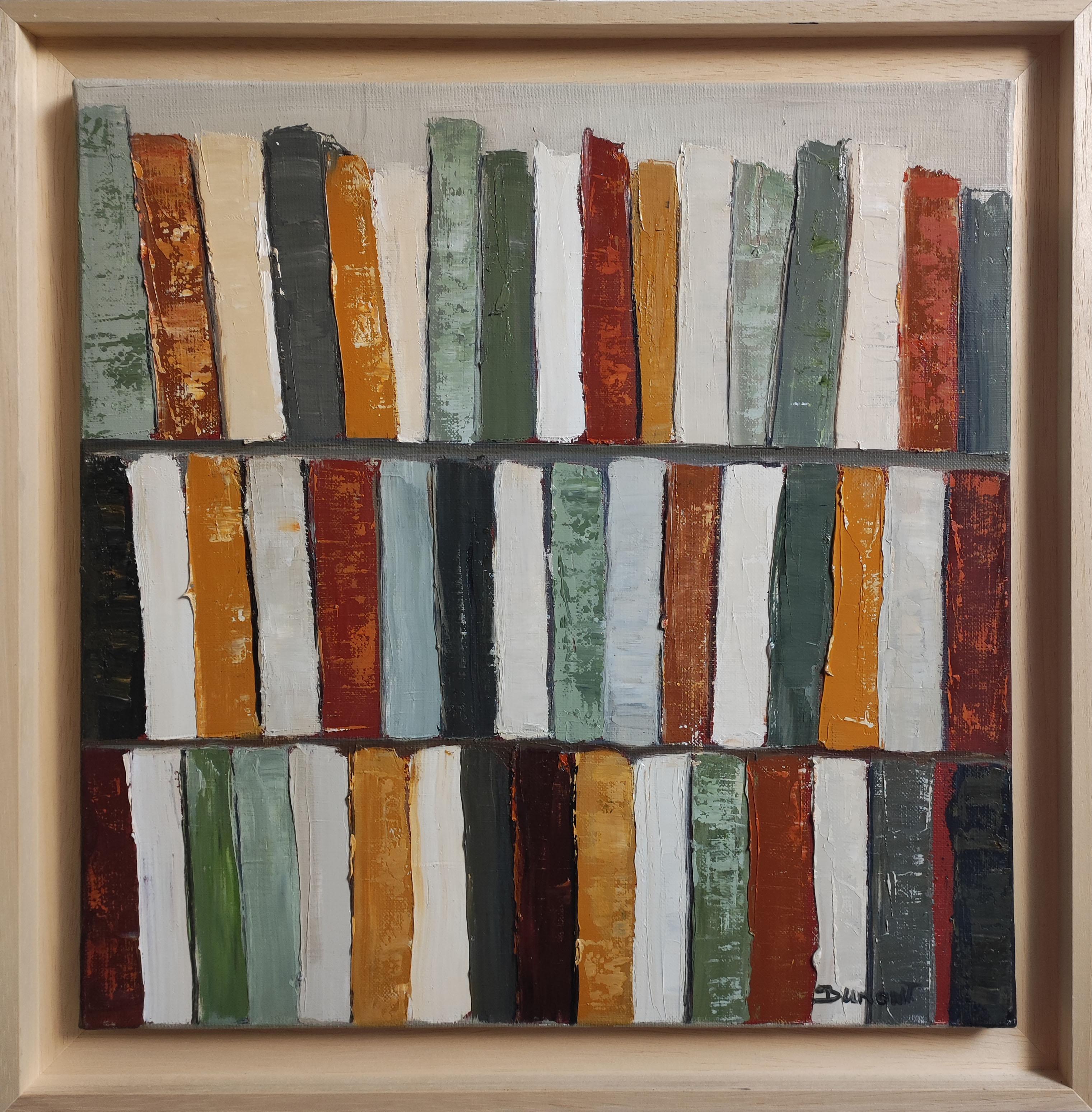 Tendance lecture, Biblioteca astratta, Geometrico, Contemporaneo, Olio, Libri, verde - Painting di SOPHIE DUMONT