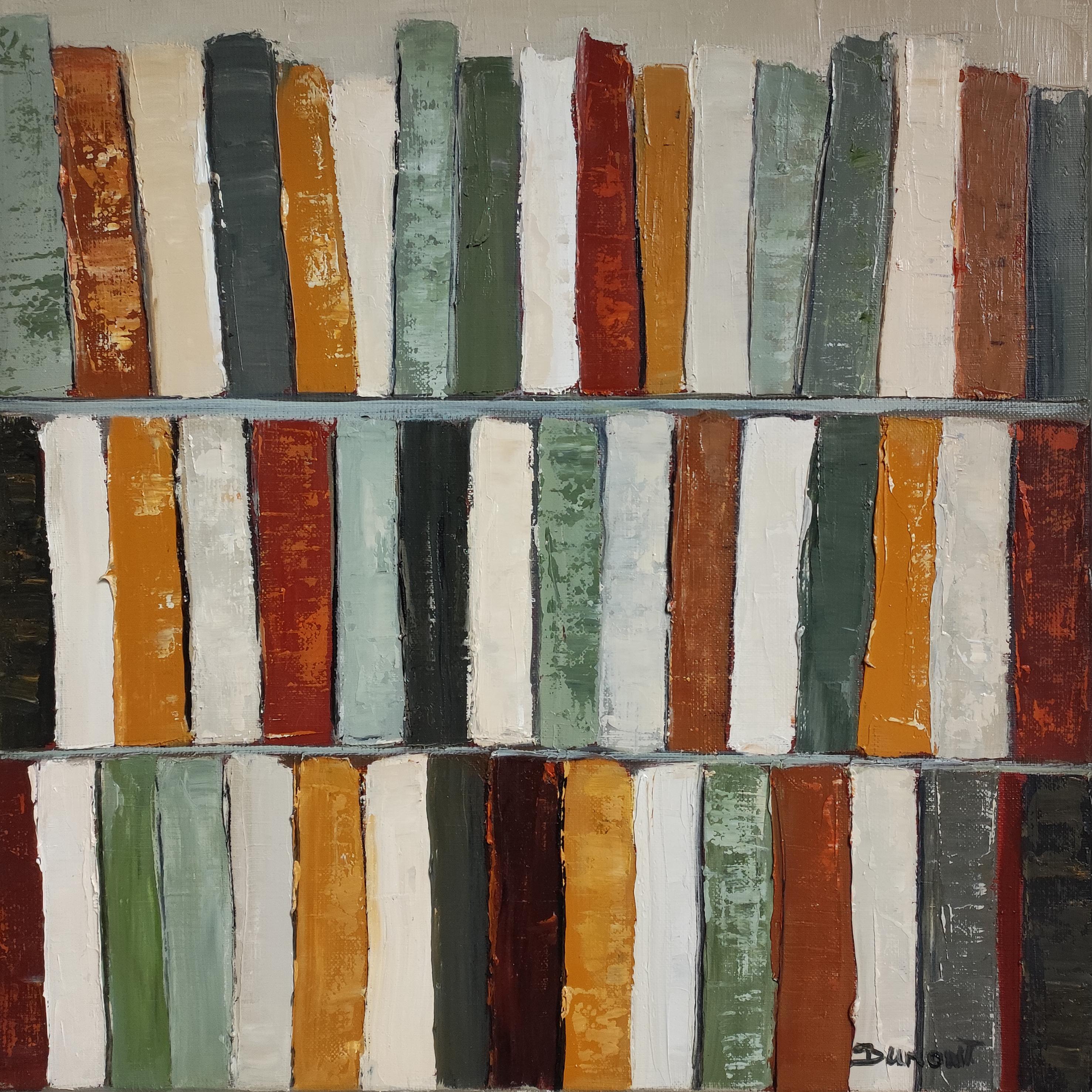 Tendance lecture, Abstract Library, Geometric, Contemporary, Oil, Books, green - Painting by SOPHIE DUMONT