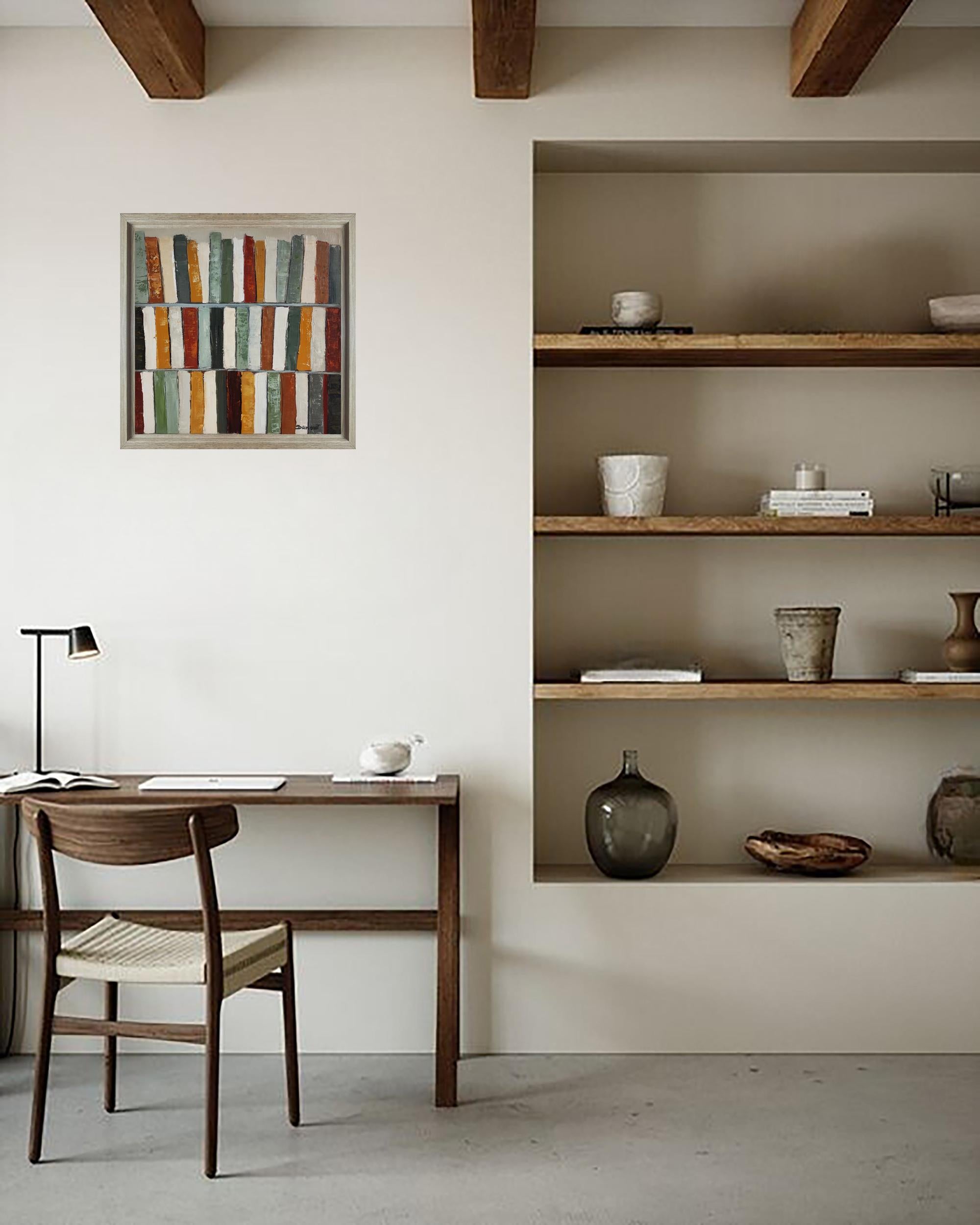 Tendance lecture, Abstract Library, Geometric, Contemporary, Oil, Books, green - Black Still-Life Painting by SOPHIE DUMONT