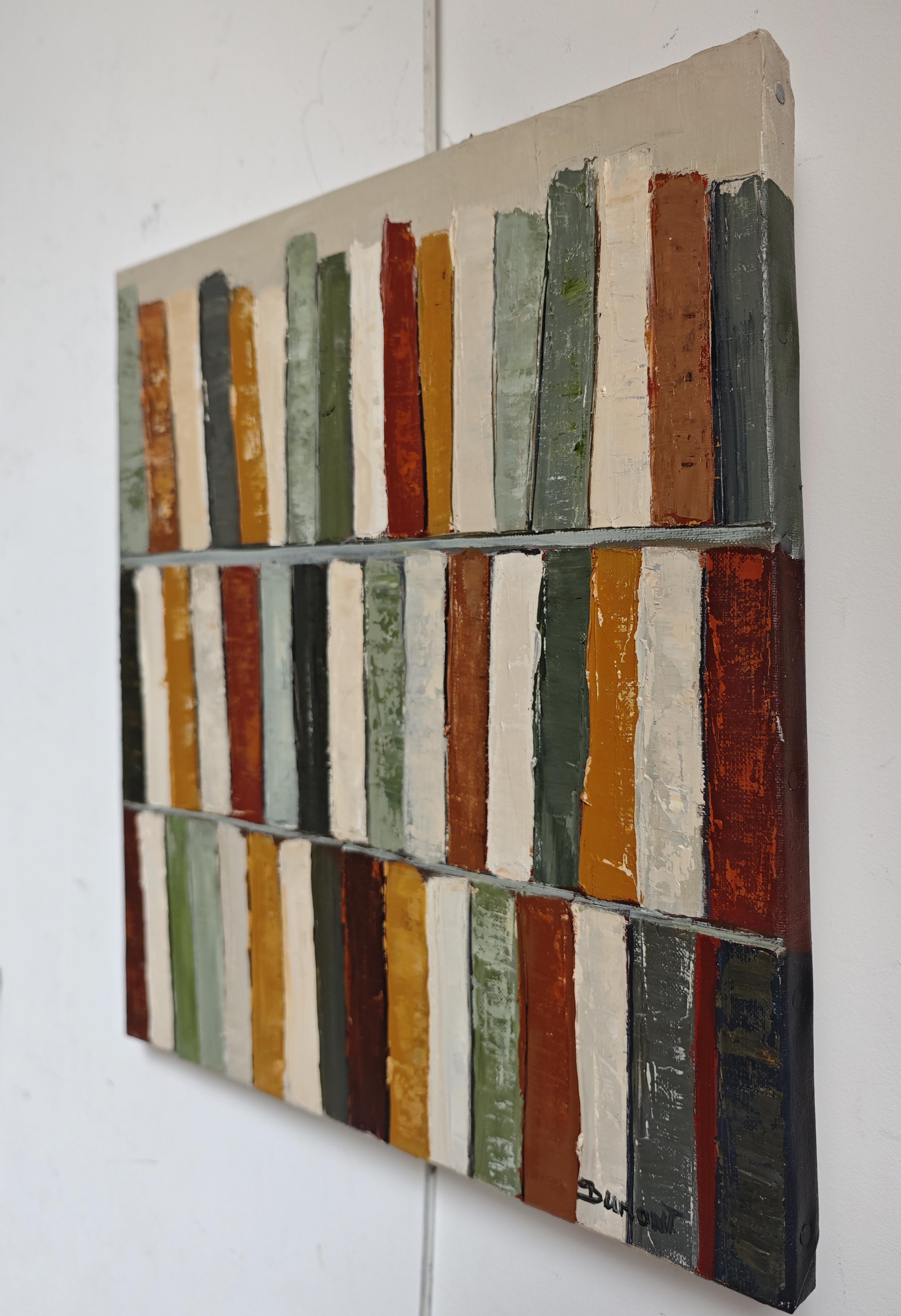 This oil on canvas painting, created by the internationally renowned artist Sophie Dumont, is a compelling exploration of color, texture, and everyday objects. The artwork measures 40x40 cm ( 15.7x15.7 inches), framed at 47x47 cm (18.5x18.5 inches),