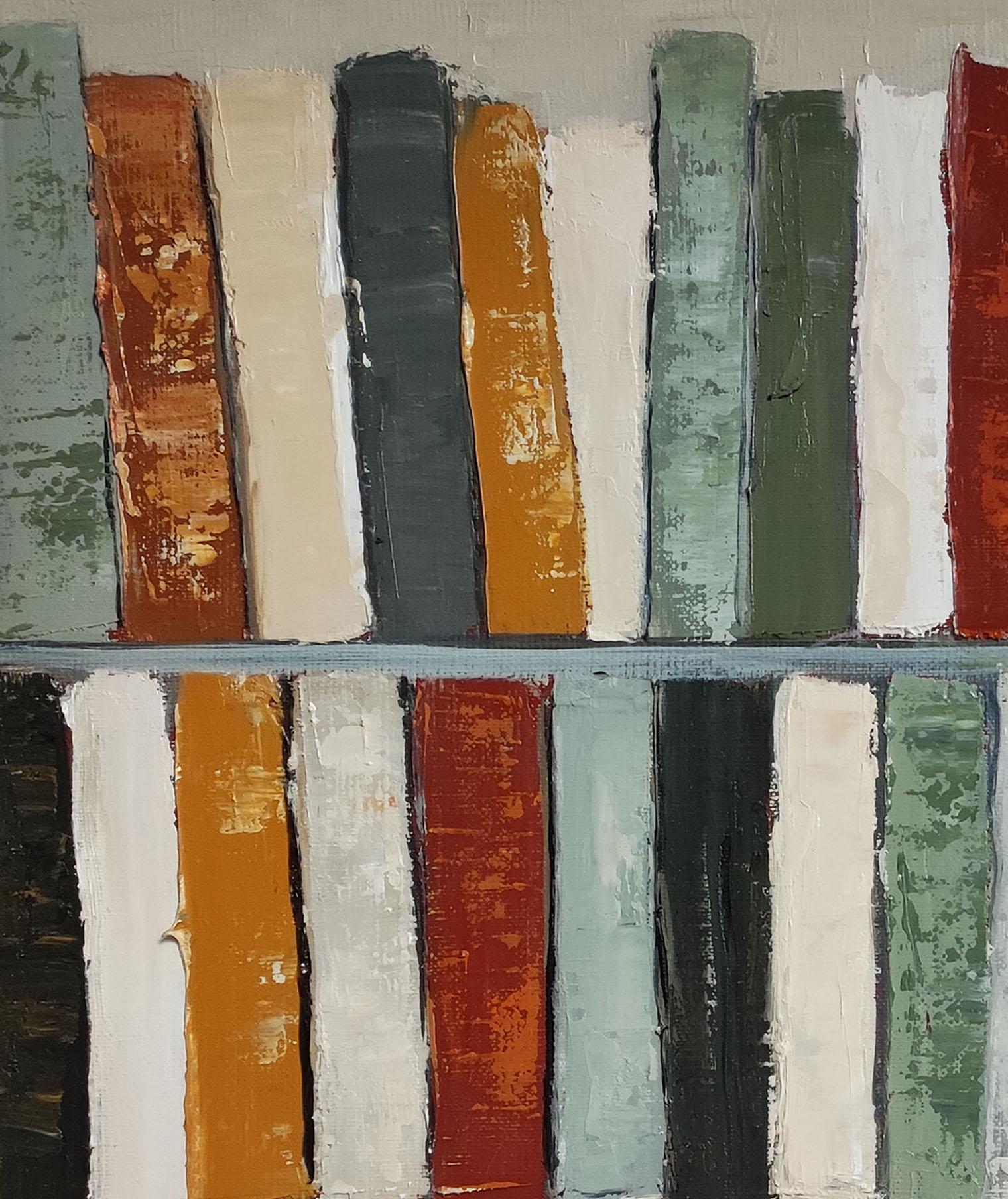 Tendance lecture, Abstract Library, Geometric, Contemporary, Oil, Books, green For Sale 3