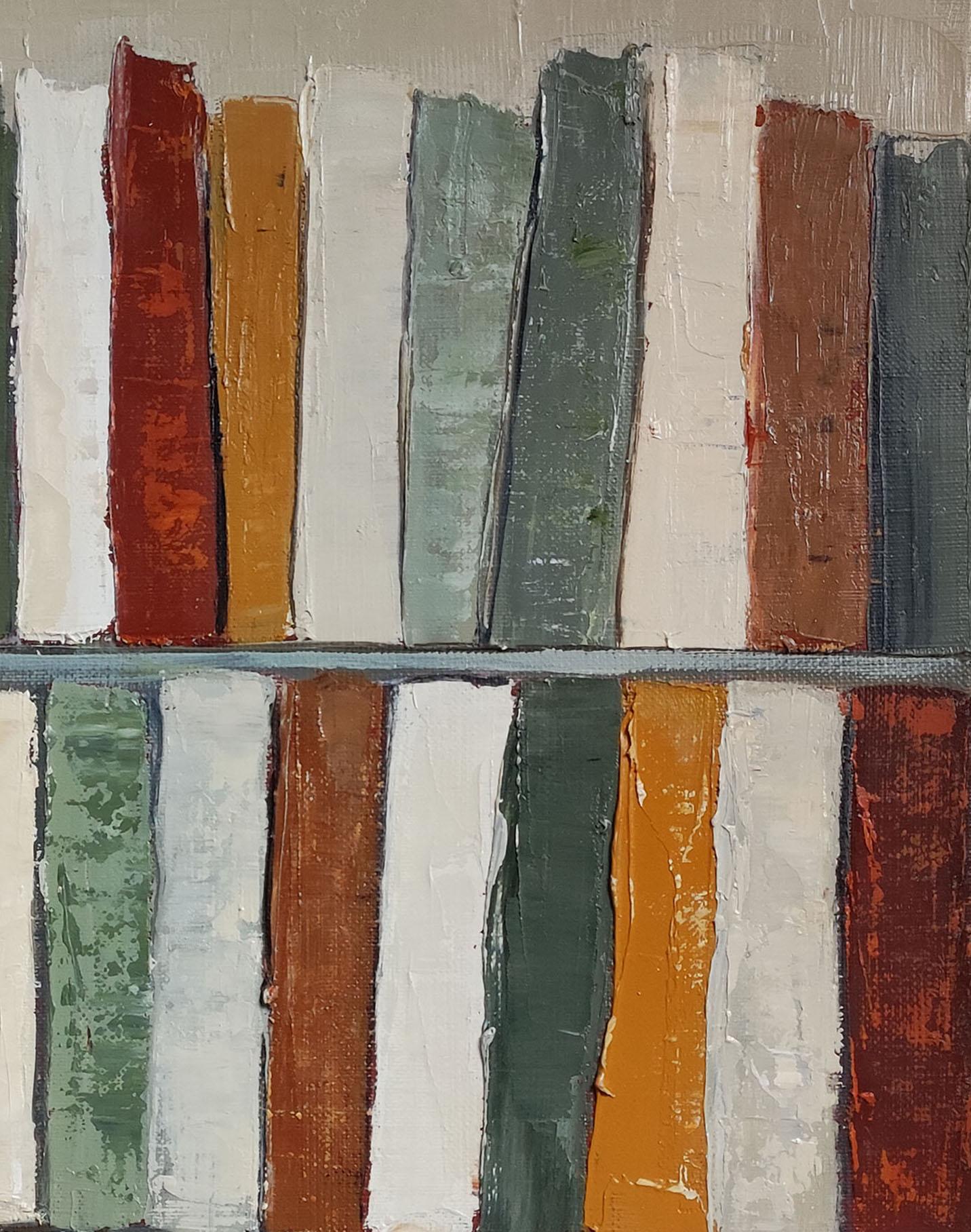 Tendance lecture, Abstract Library, Geometric, Contemporary, Oil, Books, green For Sale 4