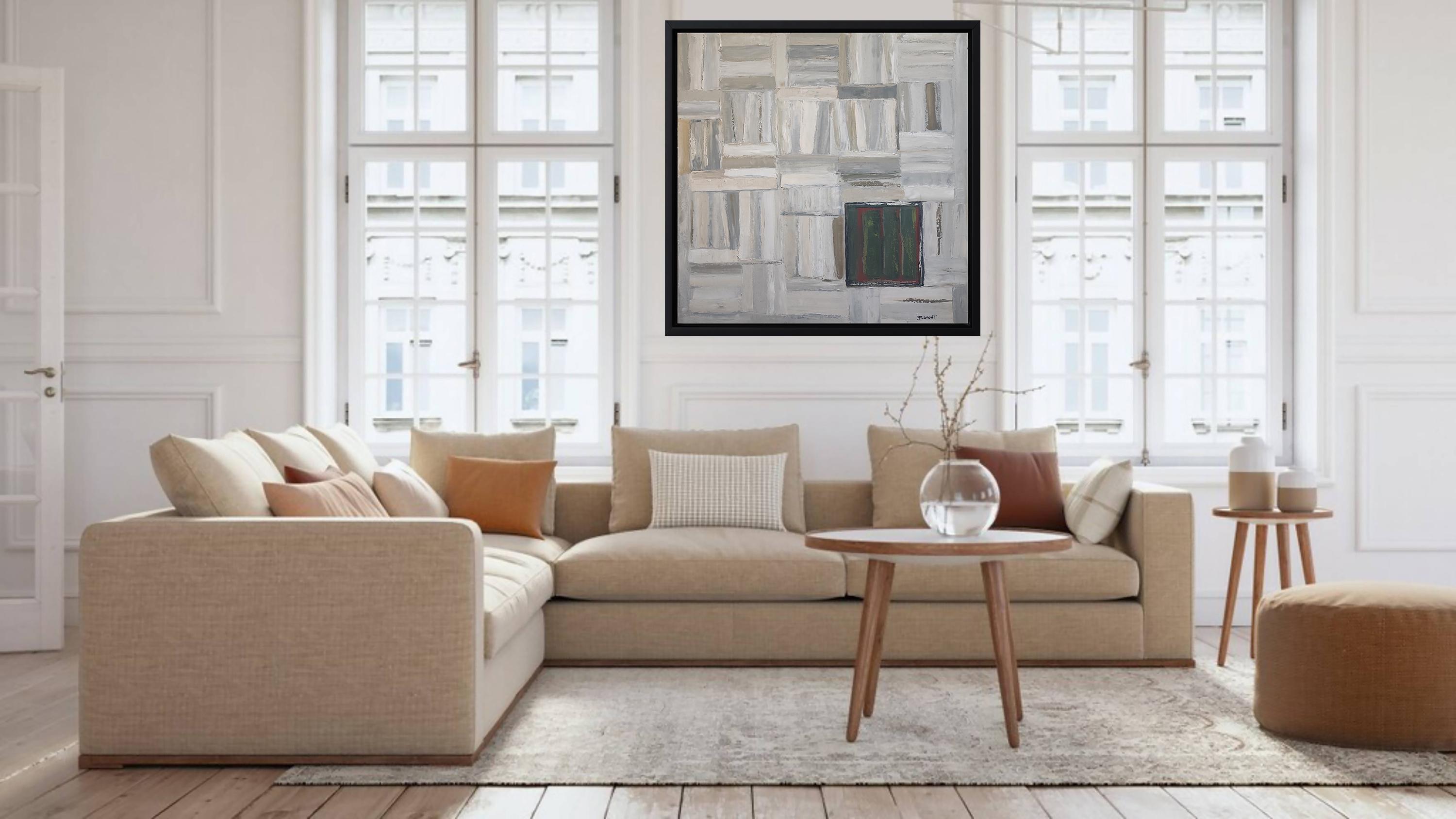 tendance, oil on canas, library, white, textured, impasto, modern, minimalism - Gray Interior Painting by SOPHIE DUMONT