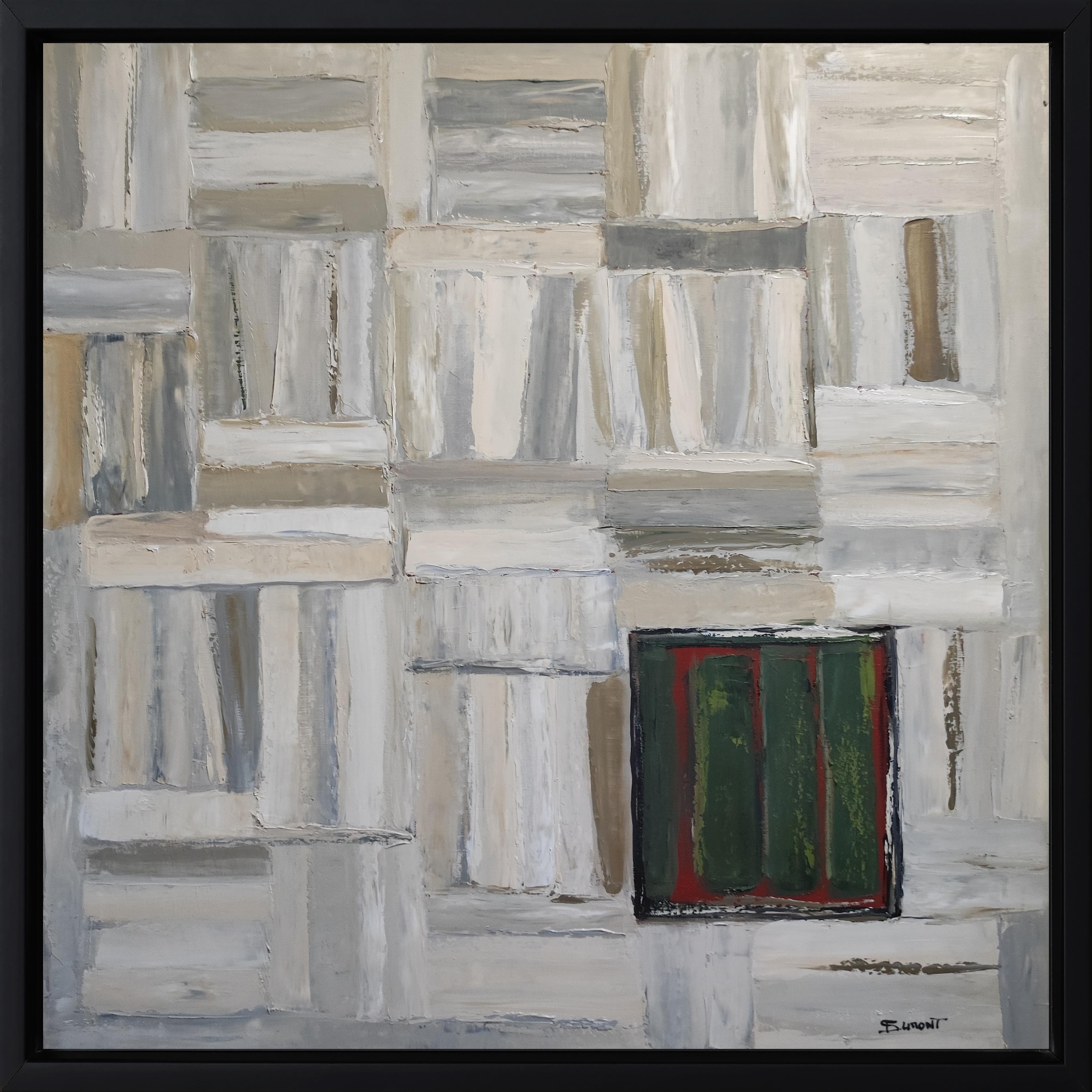 SOPHIE DUMONT Interior Painting - tendance, oil on canas, library, white, textured, impasto, modern, minimalism