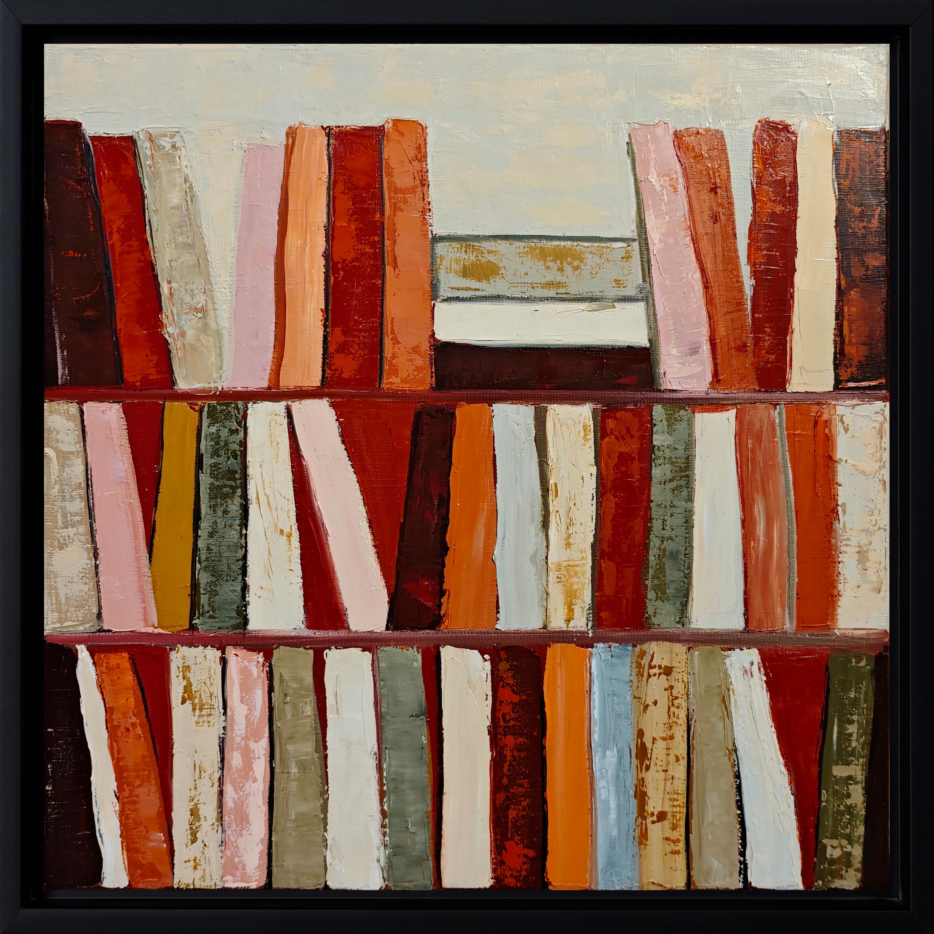 Title: Terracotta Library
Oil on canvas –
Unframed:  40 x 40 cm (15.7 x 15.7 in)
Framed dimensions: 47 x 47 cm (18.5 x 18.5 in)
Presented in a floating frame, available in black or natural wood.
Year: 2025

In Bibliothèque Terracotta, Sophie Dumont