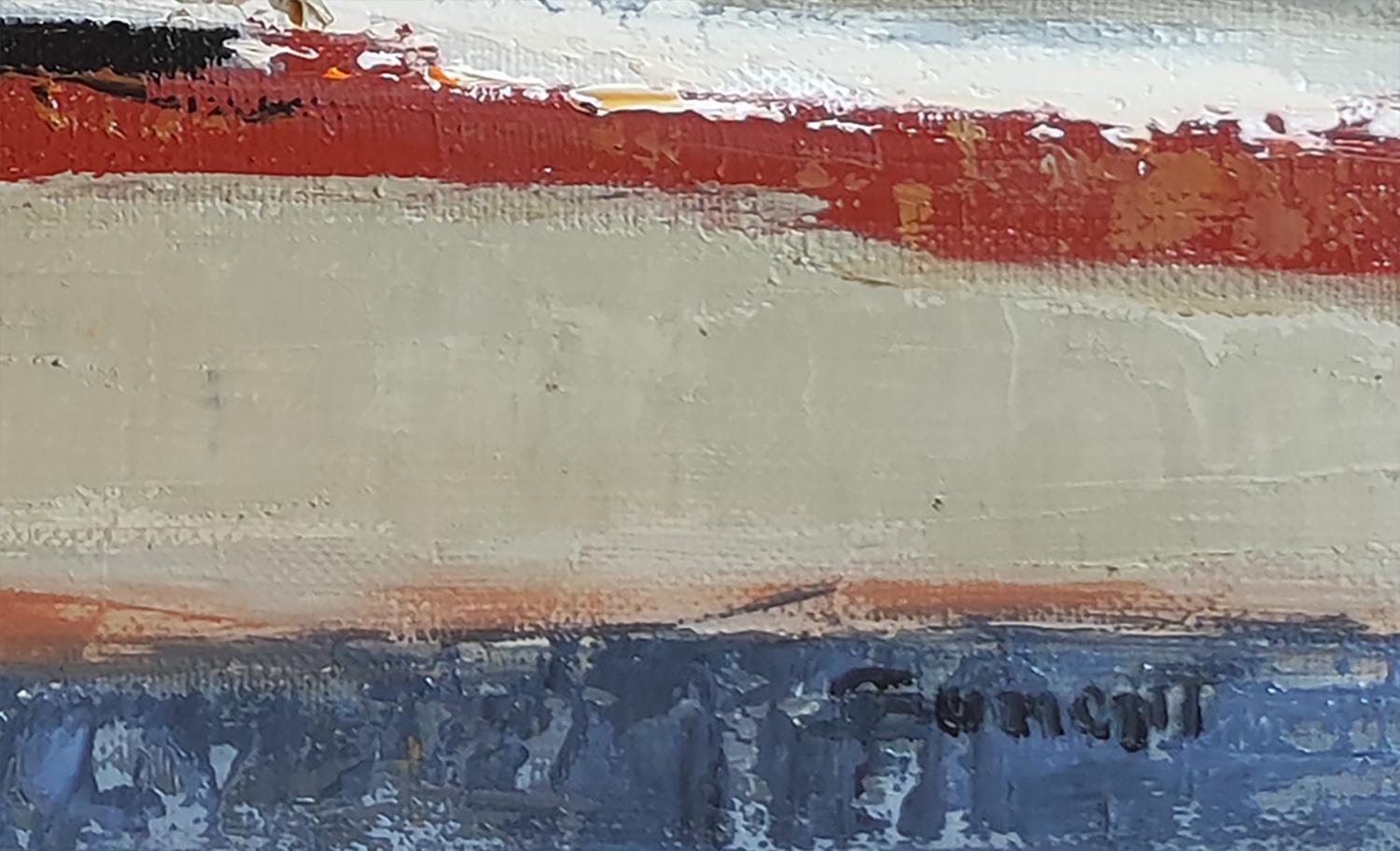 Nella traduzione artistica di Sophie DUMONT dei disegni dei campi della Normandia, un affascinante arazzo di grigi, blu e ocra emerge come tavolozza dominante. Questo paesaggio prende vita grazie a strati su strati che conferiscono alla tela una