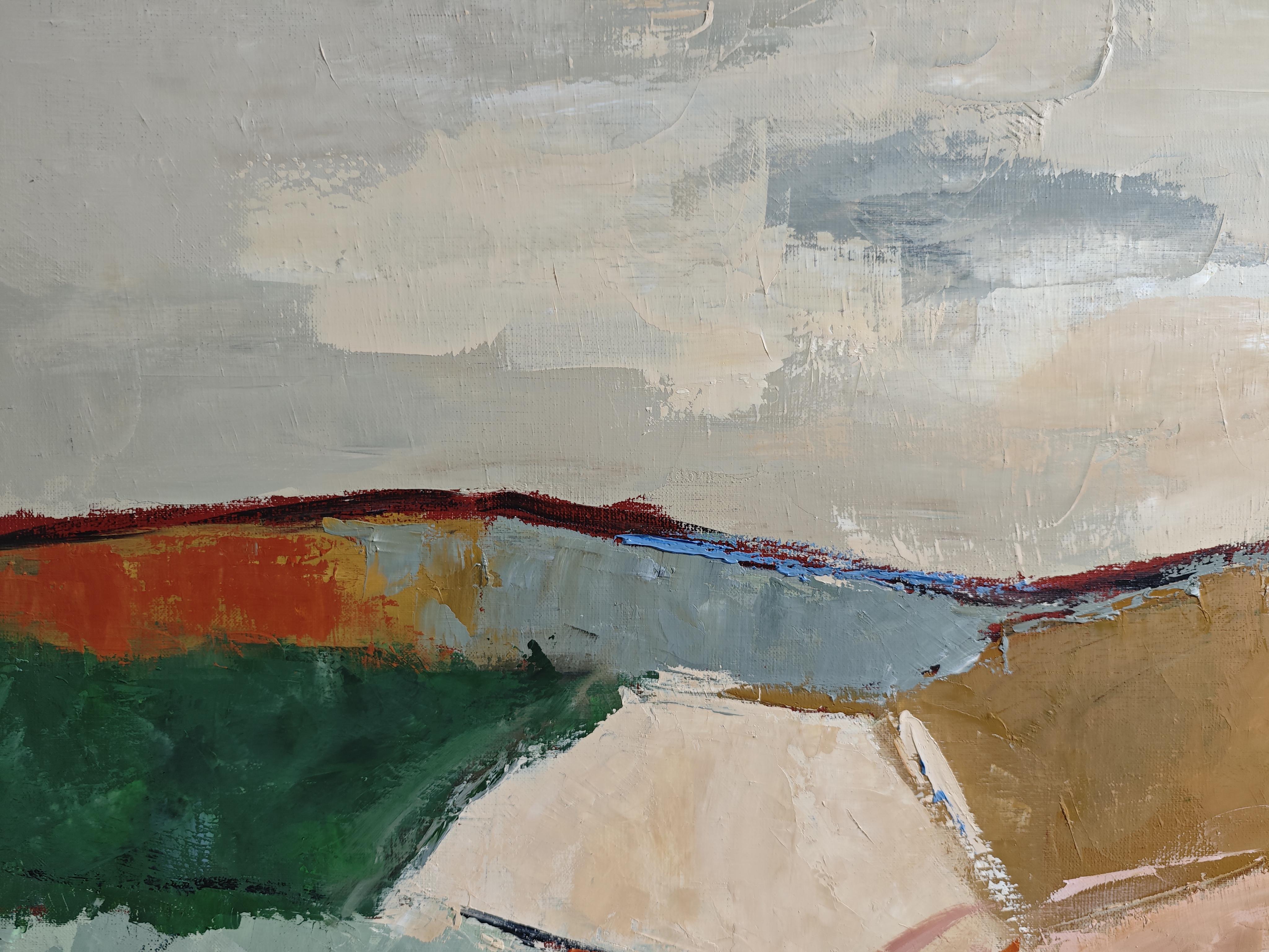 Paysage abstrait peint à l'huile par l'artiste contemporaine française Sophie Dumont, Territoires en Mouvement capture l'énergie vibrante de la terre à travers la couleur, la structure et le rythme. Connue pour ses compositions texturées à l'huile