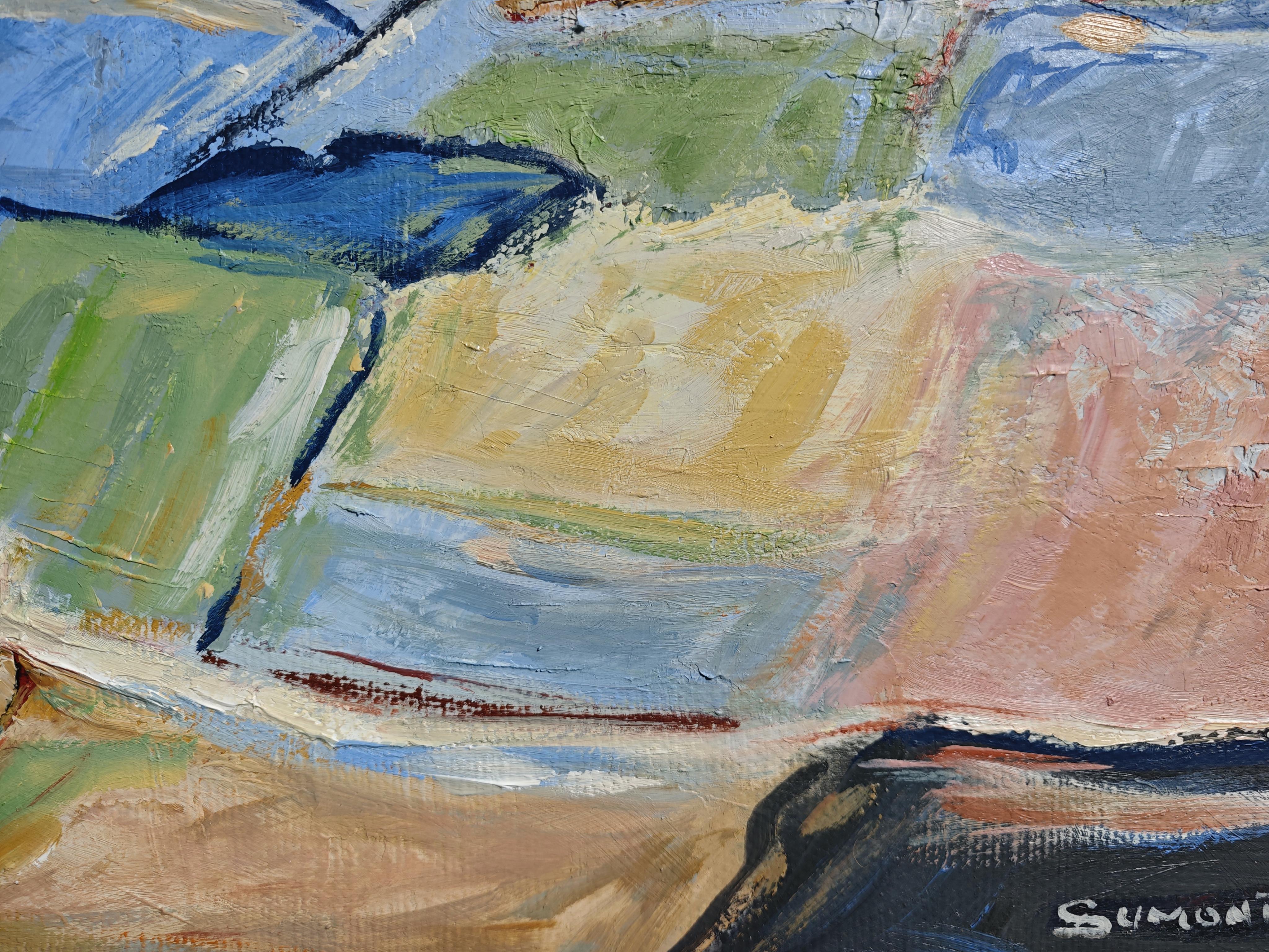 Paysage de campagne, Abstrait, Bleu, Expressionniste, Huile sur toile, Texturé - Expressionnisme abstrait Painting par SOPHIE DUMONT