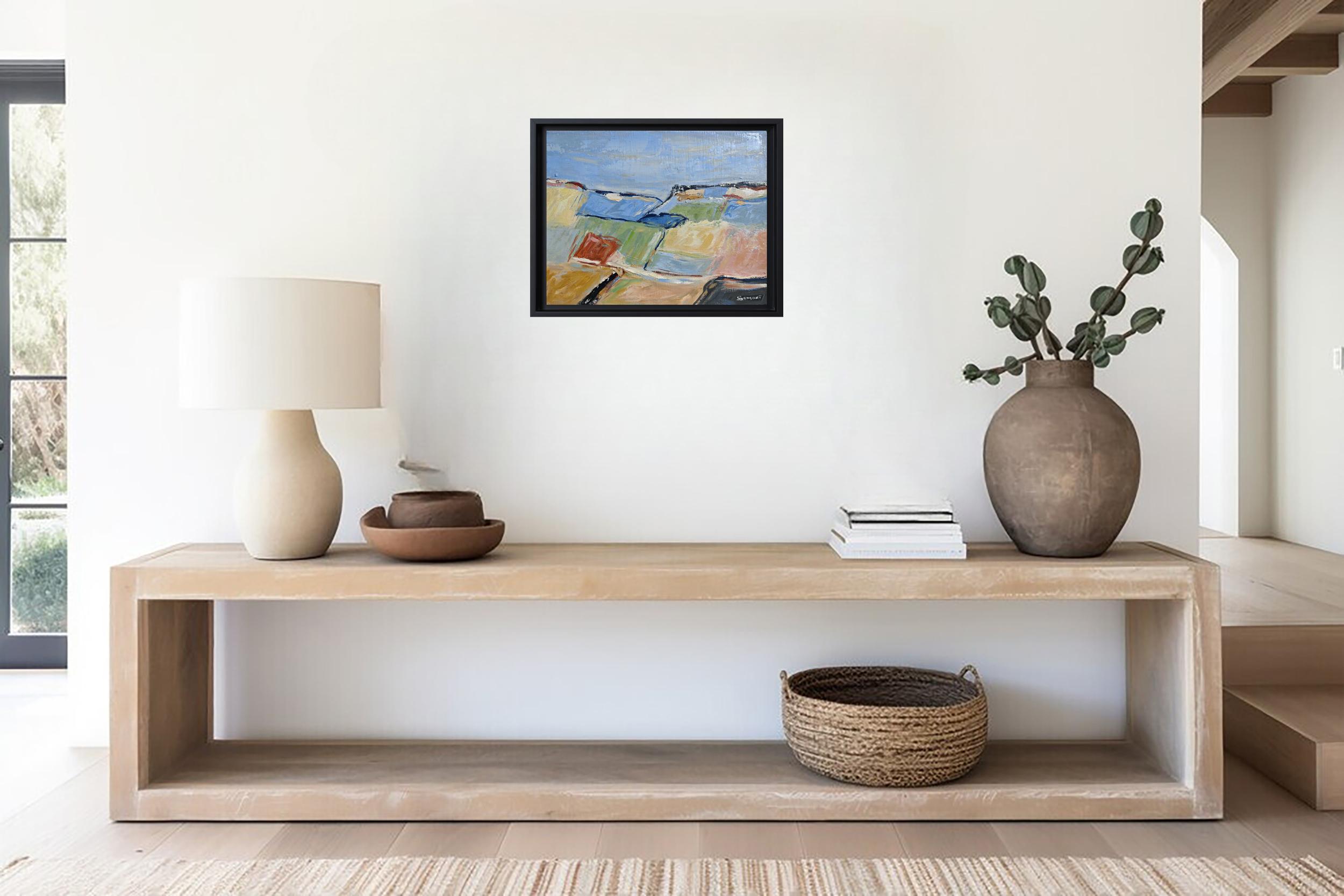 Paysage de campagne, Abstrait, Bleu, Expressionniste, Huile sur toile, Texturé - Gris Abstract Painting par SOPHIE DUMONT