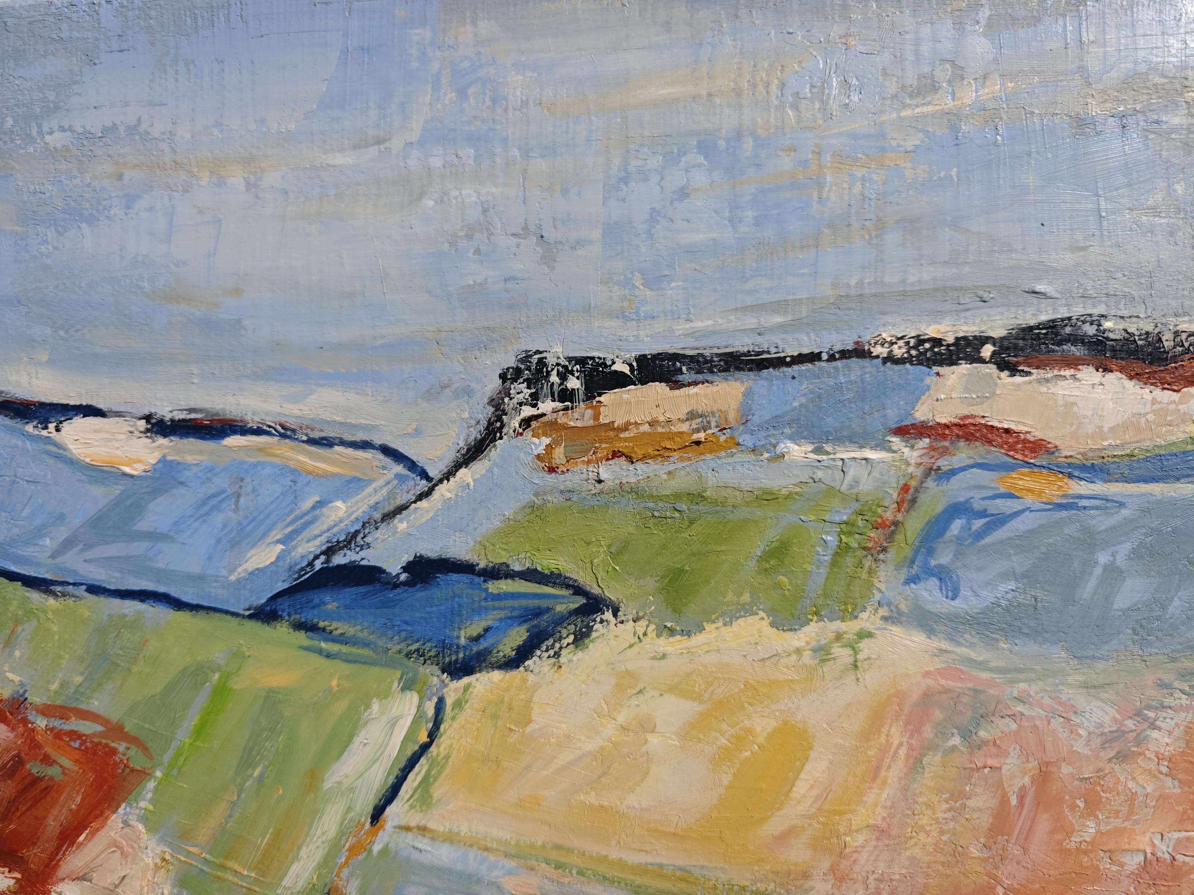 Paysage de campagne, Abstrait, Bleu, Expressionniste, Huile sur toile, Texturé en vente 1