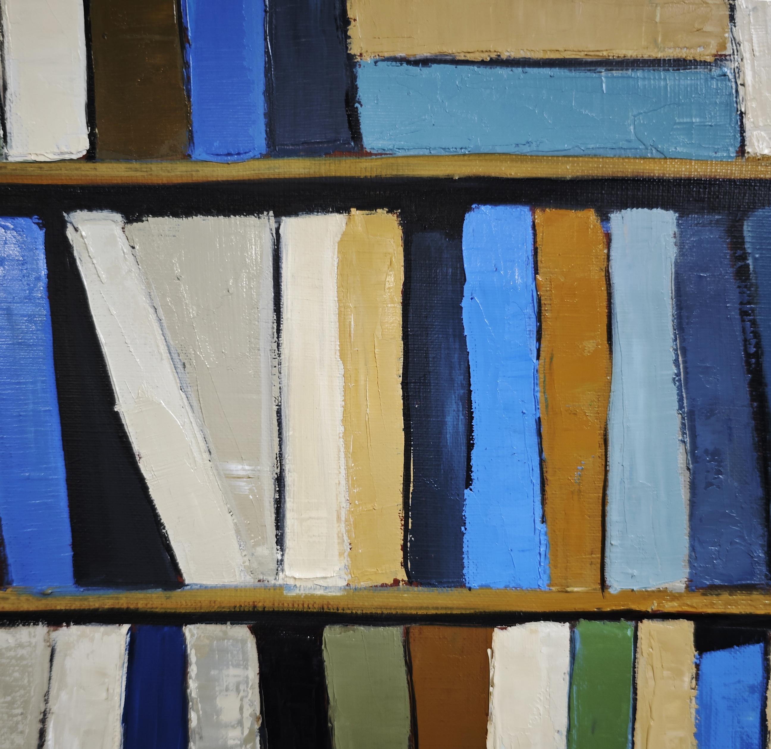 Les livres d'azur
Huile sur toile - 40 x 40 cm (15.7 x 15.7 in)
Encadré : 47 x 47 cm (18.5 x 18.5 in)
Cadre flottant noir ou en bois naturel (au choix du collectionneur)
Année : 2025 - Signé en bas à droite

Dans Les livres d'azur, la peintre