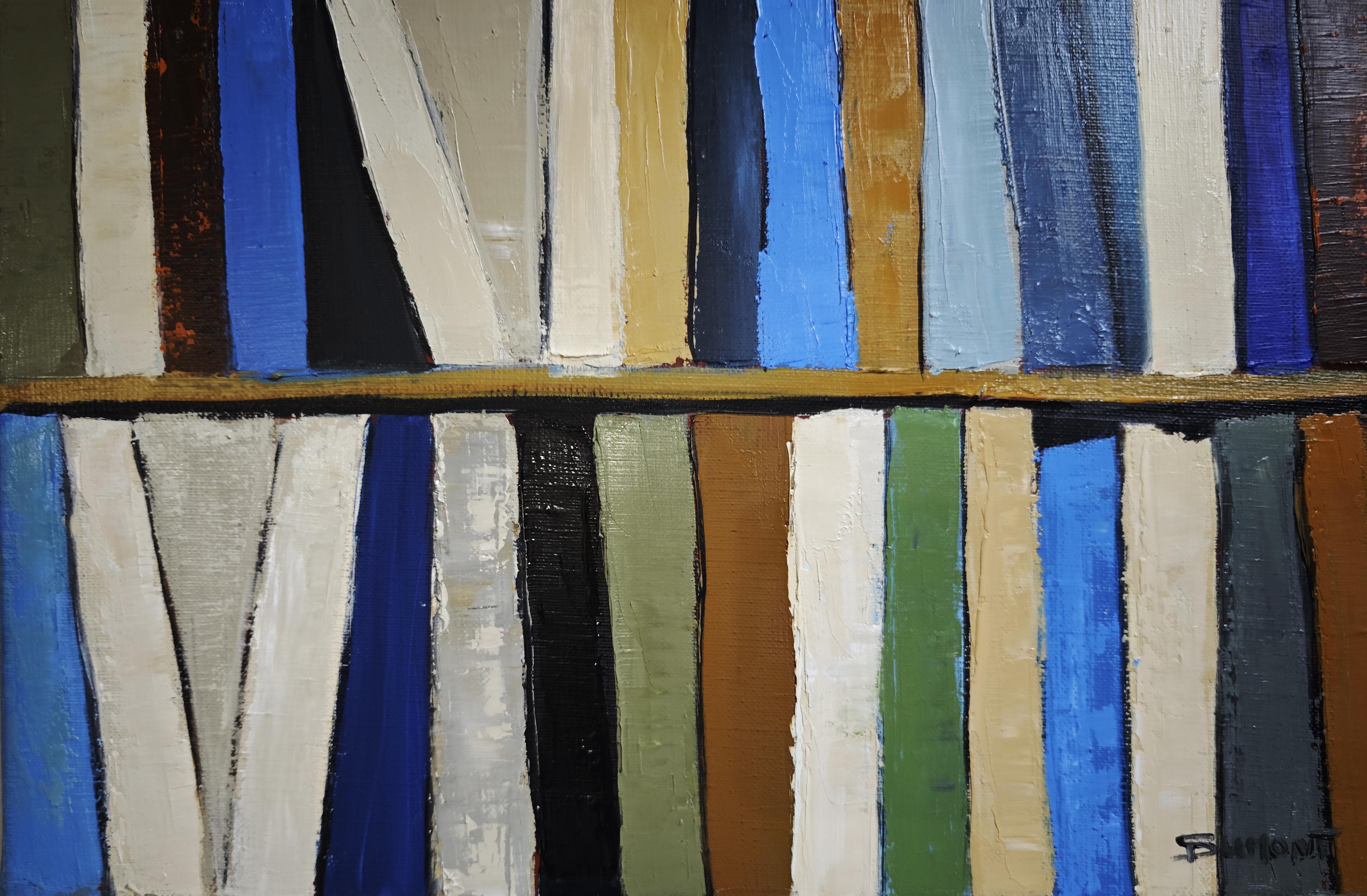 Les livres d'azur - Bibliothèque abstraite texturée originale, peinture à l'huile, contemporaine en vente 1